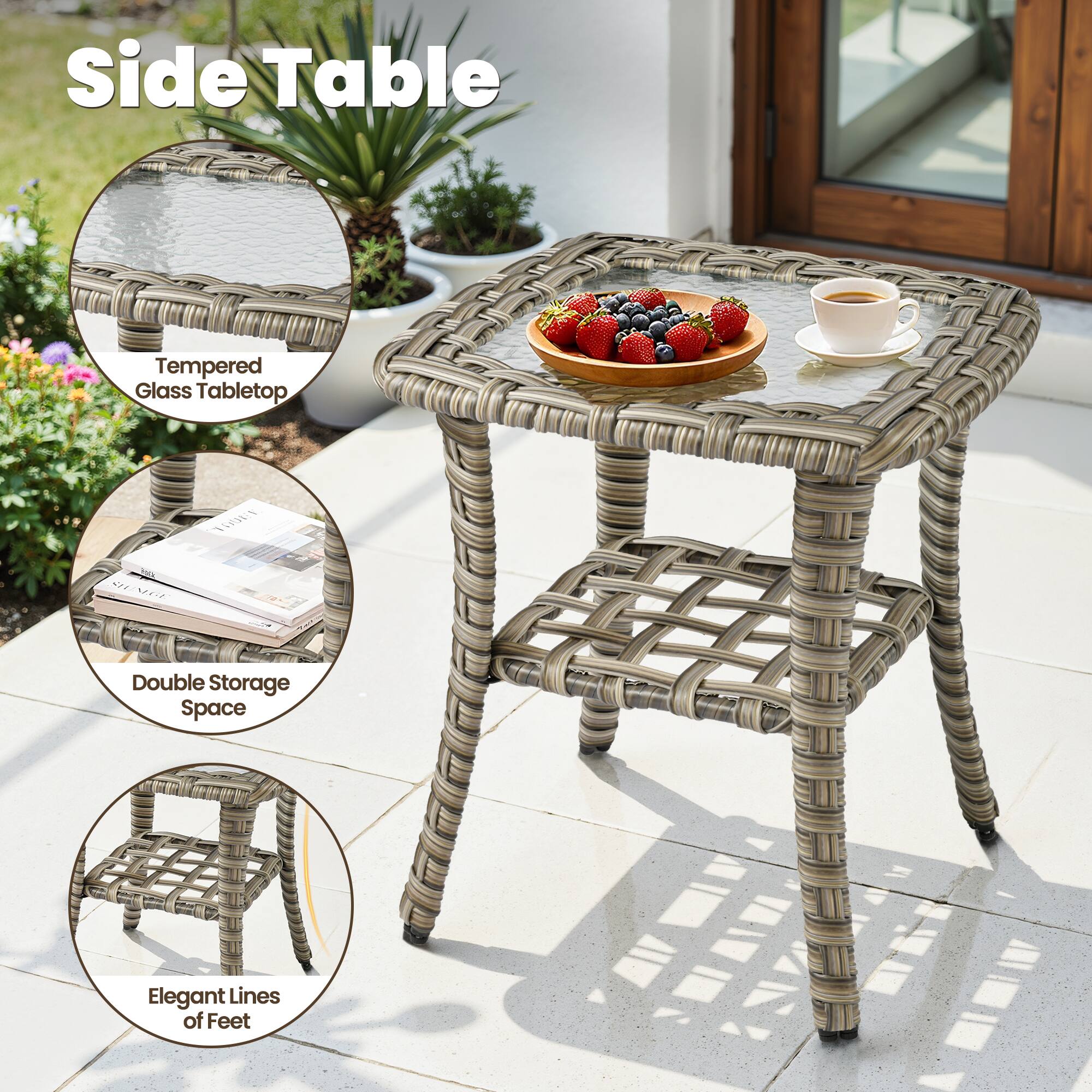 Side Table  
Tempered Glass Tabletop  
Double Storage Space  
Elegant Lines of Feet