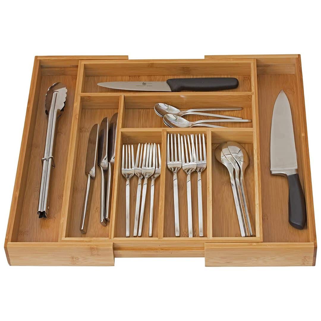 Front. Home It - Expandable Cutlery Bamboo Kitchen Utensils and Flatware Drawer Divider - Drawer Utensils Organizer - Beige.