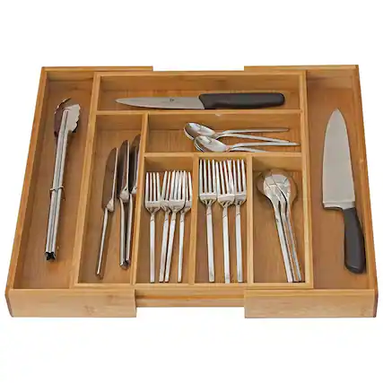 Front. Home It - Expandable Cutlery Bamboo Kitchen Utensils and Flatware Drawer Divider - Drawer Utensils Organizer - Beige.