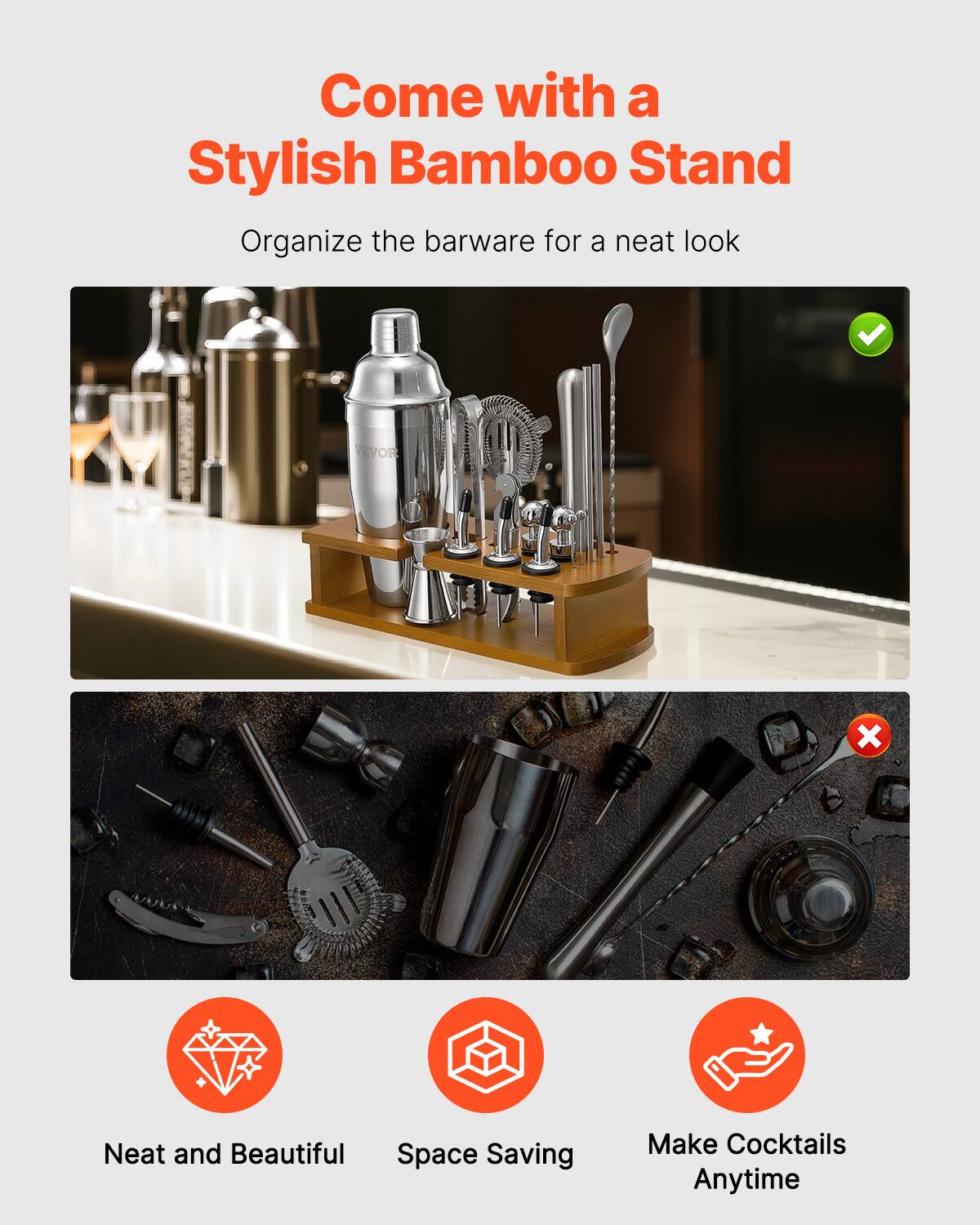 Come with a Stylish Bamboo Stand

Organize the barware for a neat look

Neat and Beautiful  
Space Saving  
Make Cocktails Anytime