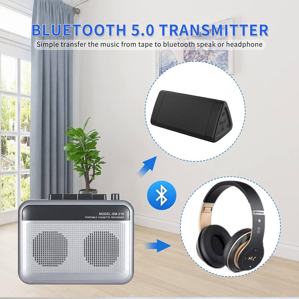 BLUETOOTH 5.0 TRANSMITTER  
Simple transfer the music from tape to bluetooth speaker or headphone  

MODEL: SM-216  
PORTABLE CASSETTE RECORDER