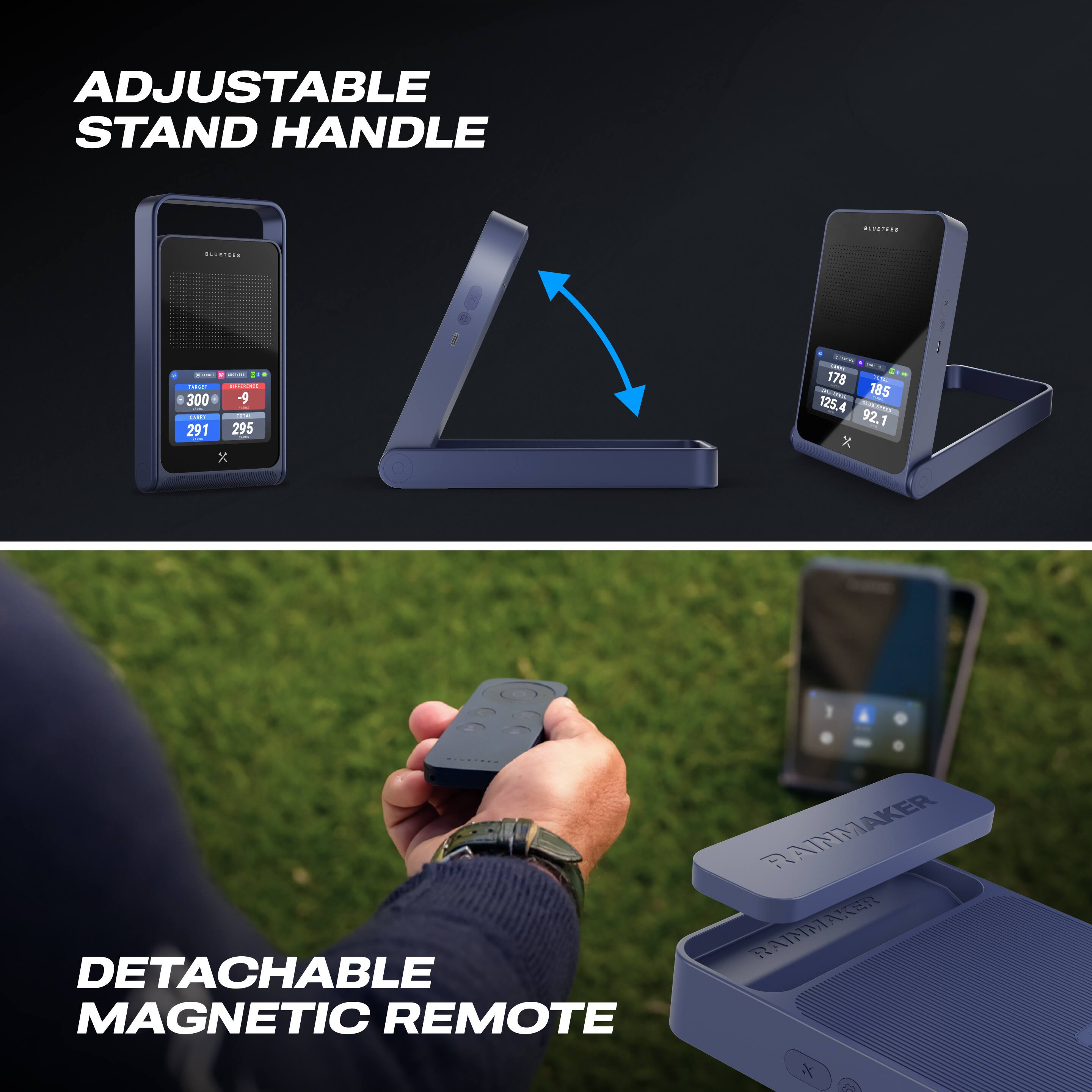 ADJUSTABLE STAND HANDLE

- 300 e 9
- 291 295 x
- 178 - 185
- 125.4
- 92.1

DETAACHABLE MAGNETIC REMOTE