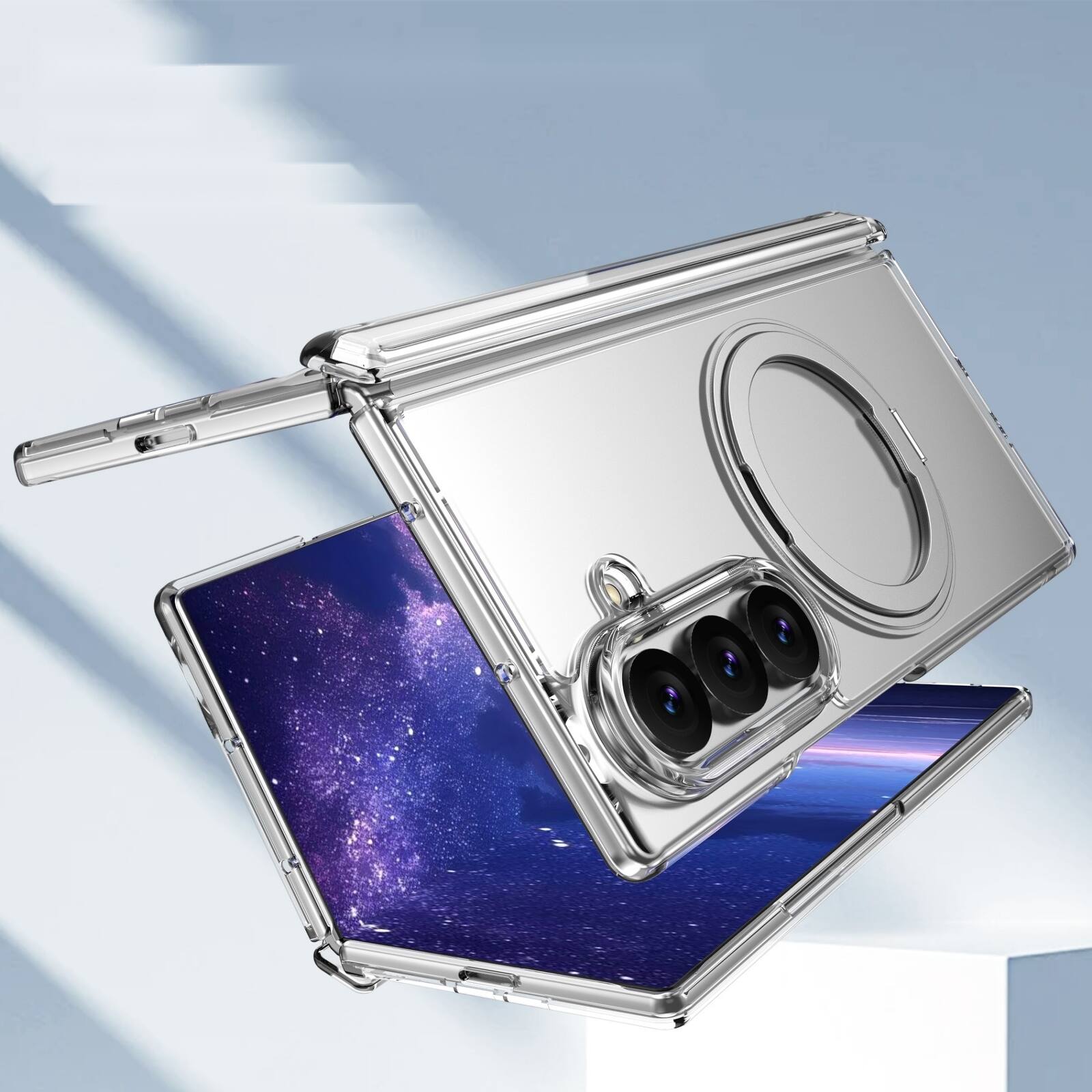 Left. Dteck - Shockproof Case for Samsung Galaxy Z Fold8 Ultra with Stand, Magnetic PC Cover Built in Screen Film and Hinge Protection - Clear.