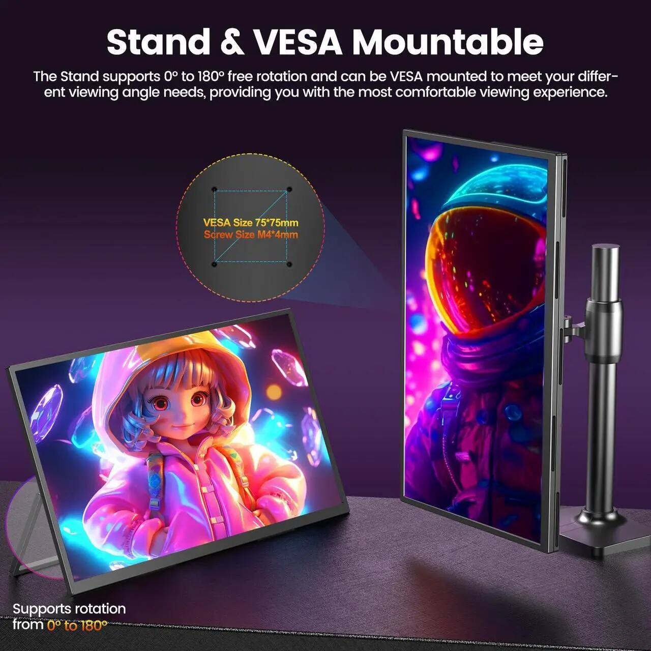 Stand & VESA Mountable

The Stand supports 0° to 180° free rotation and can be VESA mounted to meet your different viewing angle needs, providing you with the most comfortable viewing experience.

VESA Size: 75x75mm  
Screw Size: M4*4mm

Supports rotation from 0° to 180°