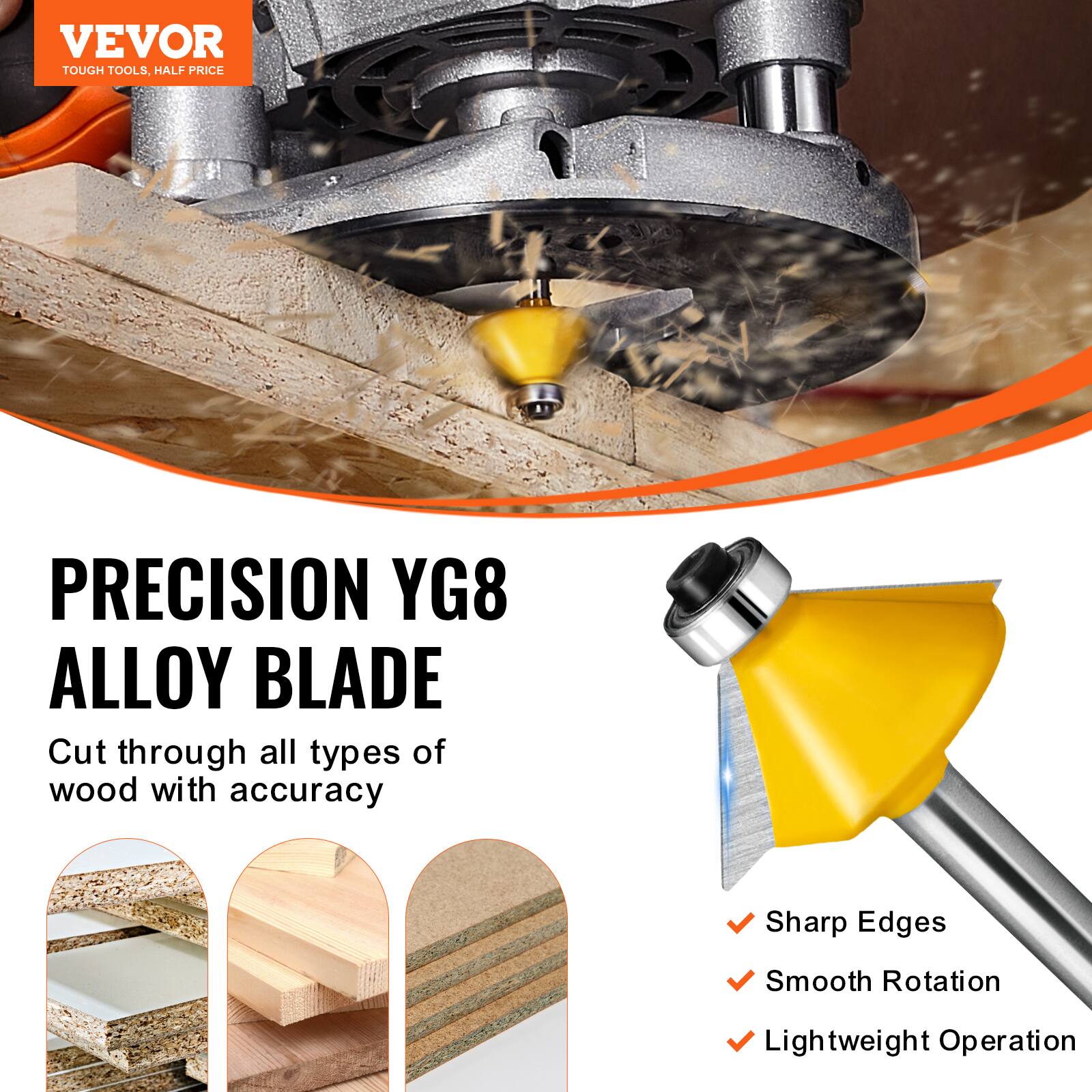 VEVOR  
TOUGH TOOLS, HALF PRICE  

PRECISION YG8 ALLOY BLADE  
Cut through all types of wood with accuracy  

- Sharp Edges  
- Smooth Rotation  
- Lightweight Operation