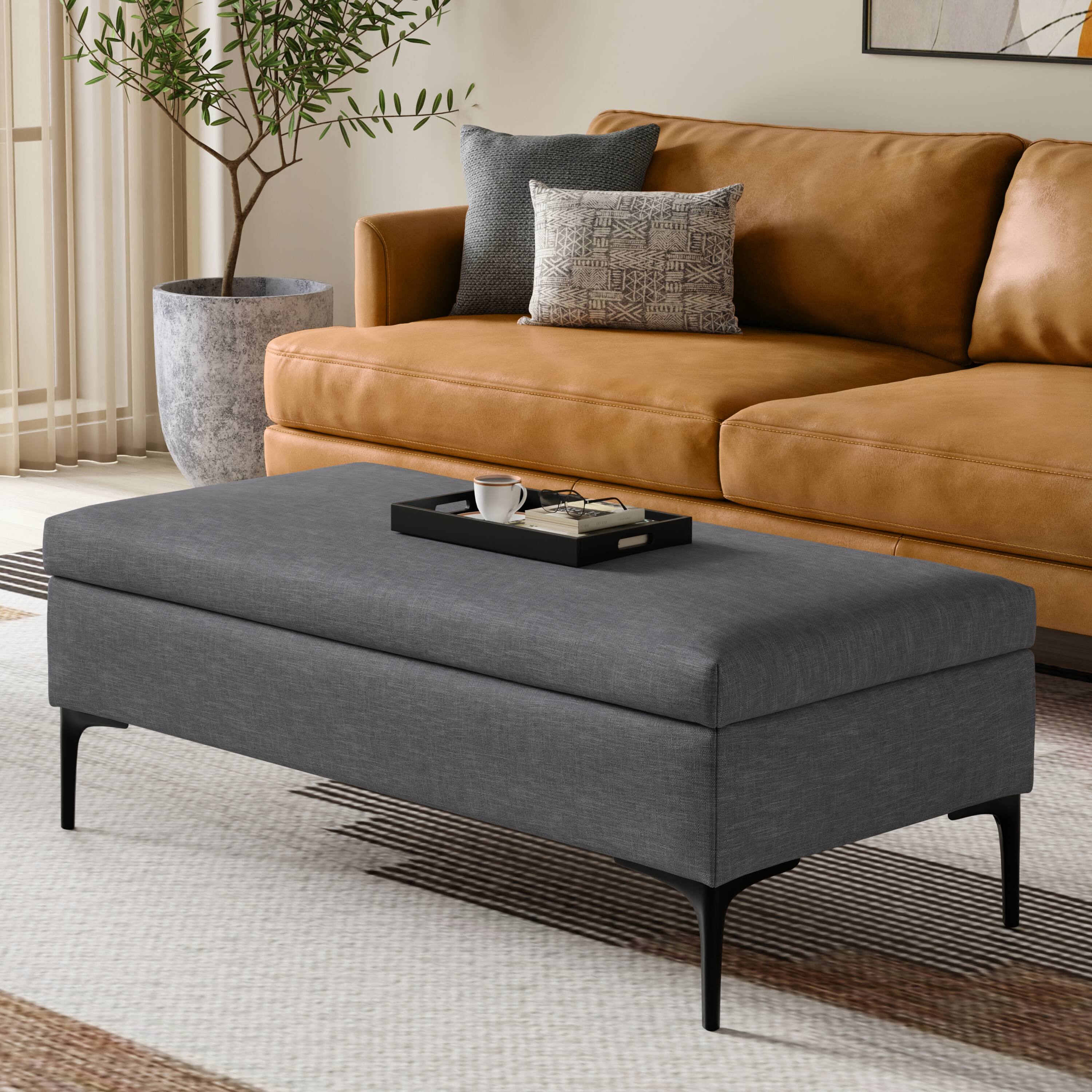 Angle. Simpli Home - Rebecca 48 inch Mid Century Modern Coffee Table Storage Ottoman with Lift up Lid in Slate Grey Polyester, Assembled - Slate Grey.