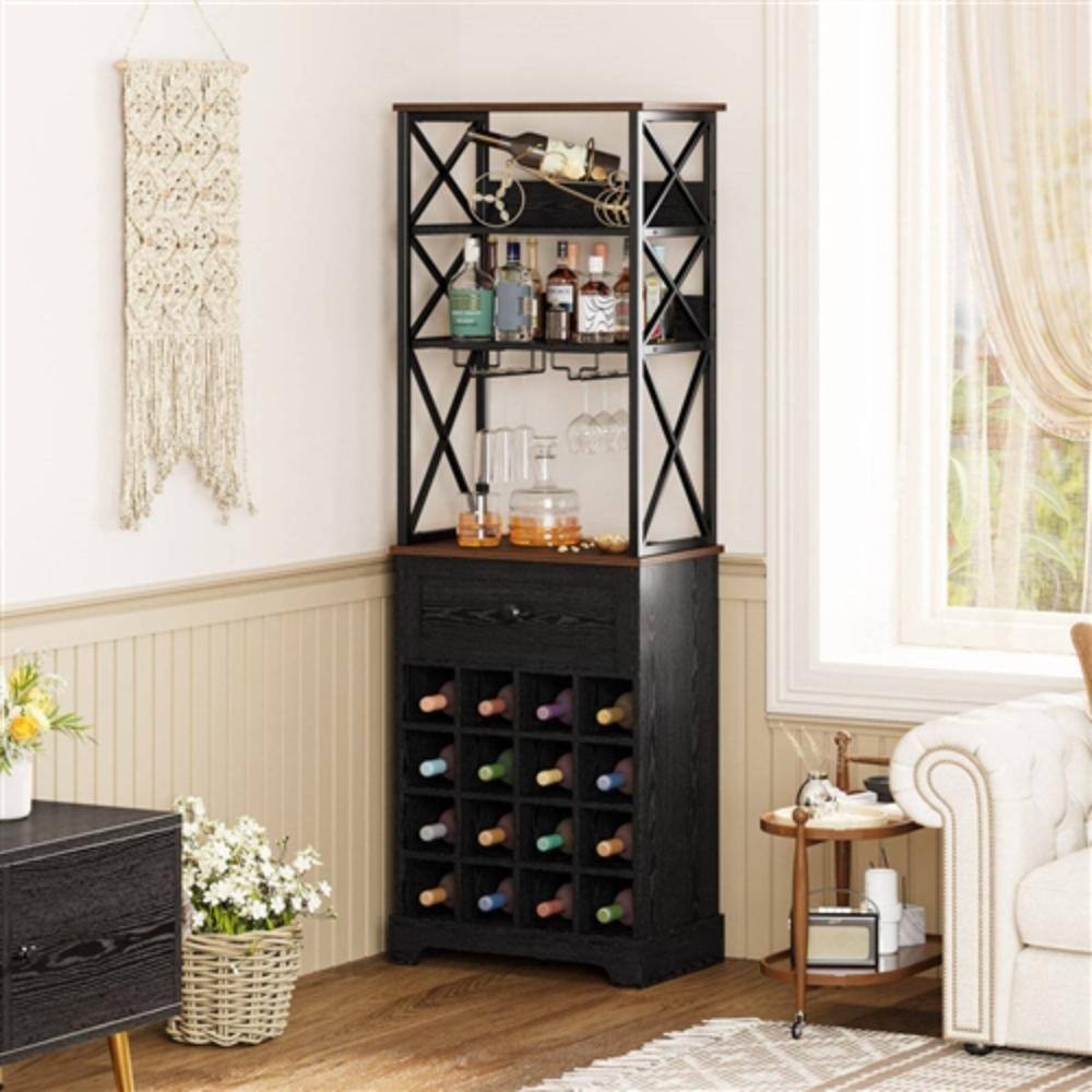 Angle. Hivvago - Black/Brown Wine Rack Kitchen Bar Storage Cabinet Shelf with Glass Holders - Black, Brown.