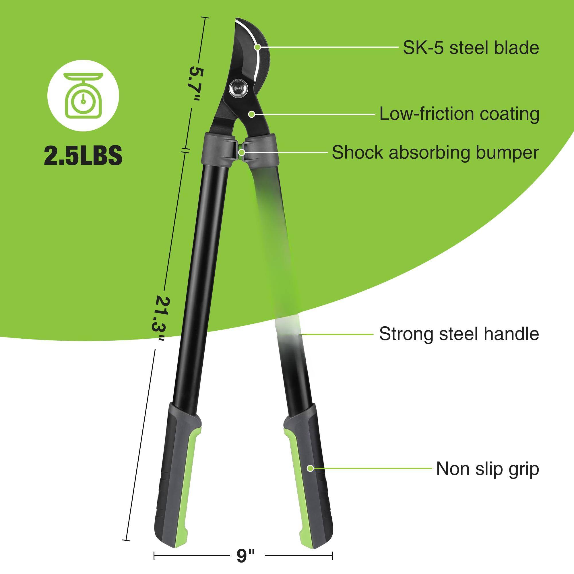 5.7" p SK-5 steel blade  
Low-friction coating  
2.5LBS  
Shock absorbing bumper  
21.3'  
Strong steel handle  
Non slip grip  
9"