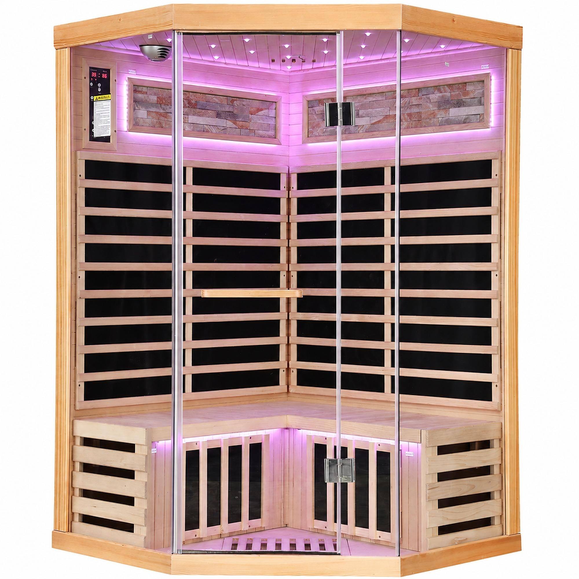 Front. RYHNUYNE - Double Sauna Room, 120 x 120 x 190 cm, Canadian Hemlock Wood, 1935W Carbon Plate Heating, 7 Heating Plates, Starry Sky - Ameican White Oak.