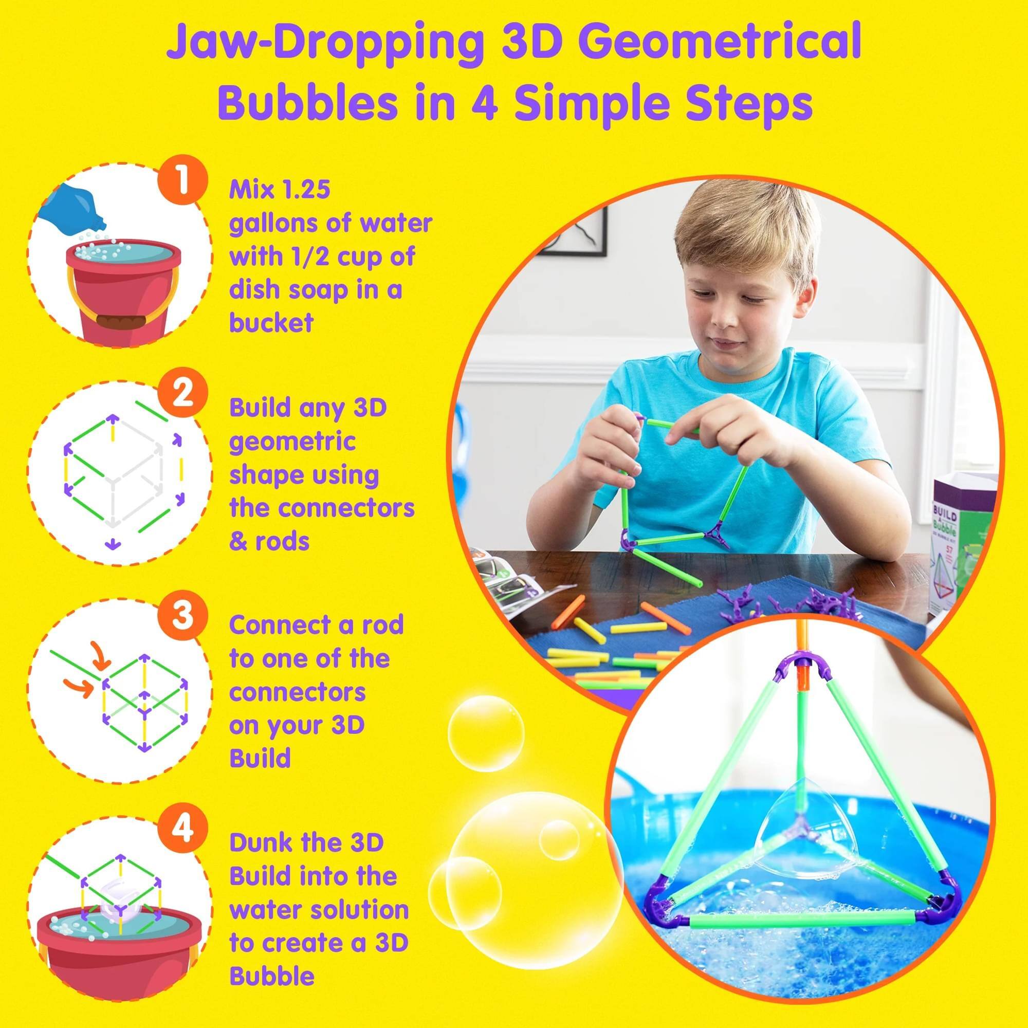 Jaw-Dropping 3D Geometrical Bubbles in 4 Simple Steps

1. Mix 1.25 gallons of water with 1/2 cup of dish soap in a bucket
2. Build any 3D geometric shape using the connectors & rods
3. Connect a rod to one of the connectors on your 3D Build
4. Dunk the 3D Build into the water solution to create a 3D Bubble