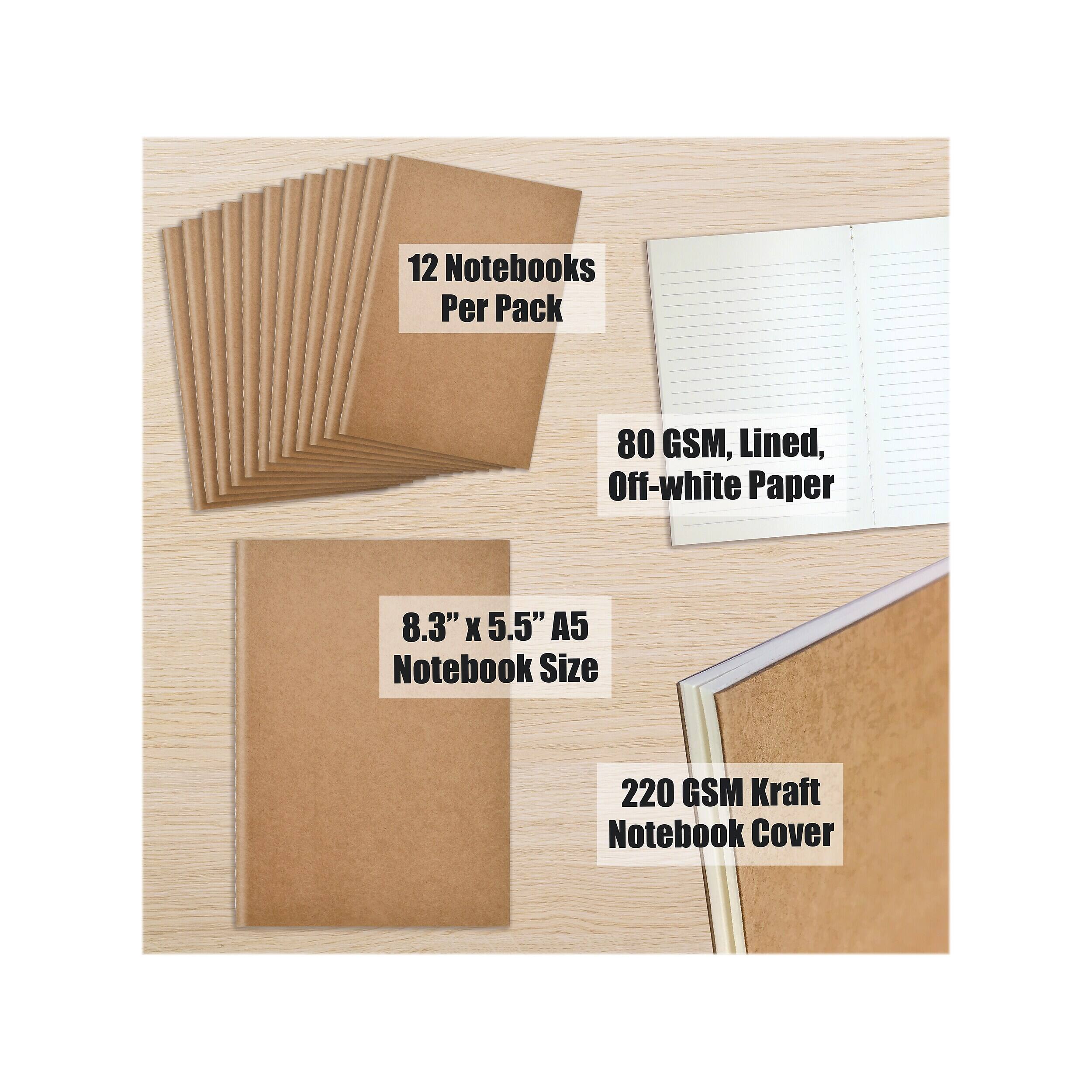 12 Notebooks Per Pack  
80 GSM, Lined, Off-white Paper  
8.3" x 5.5" A5 Notebook Size  
220 GSM Kraft Notebook Cover