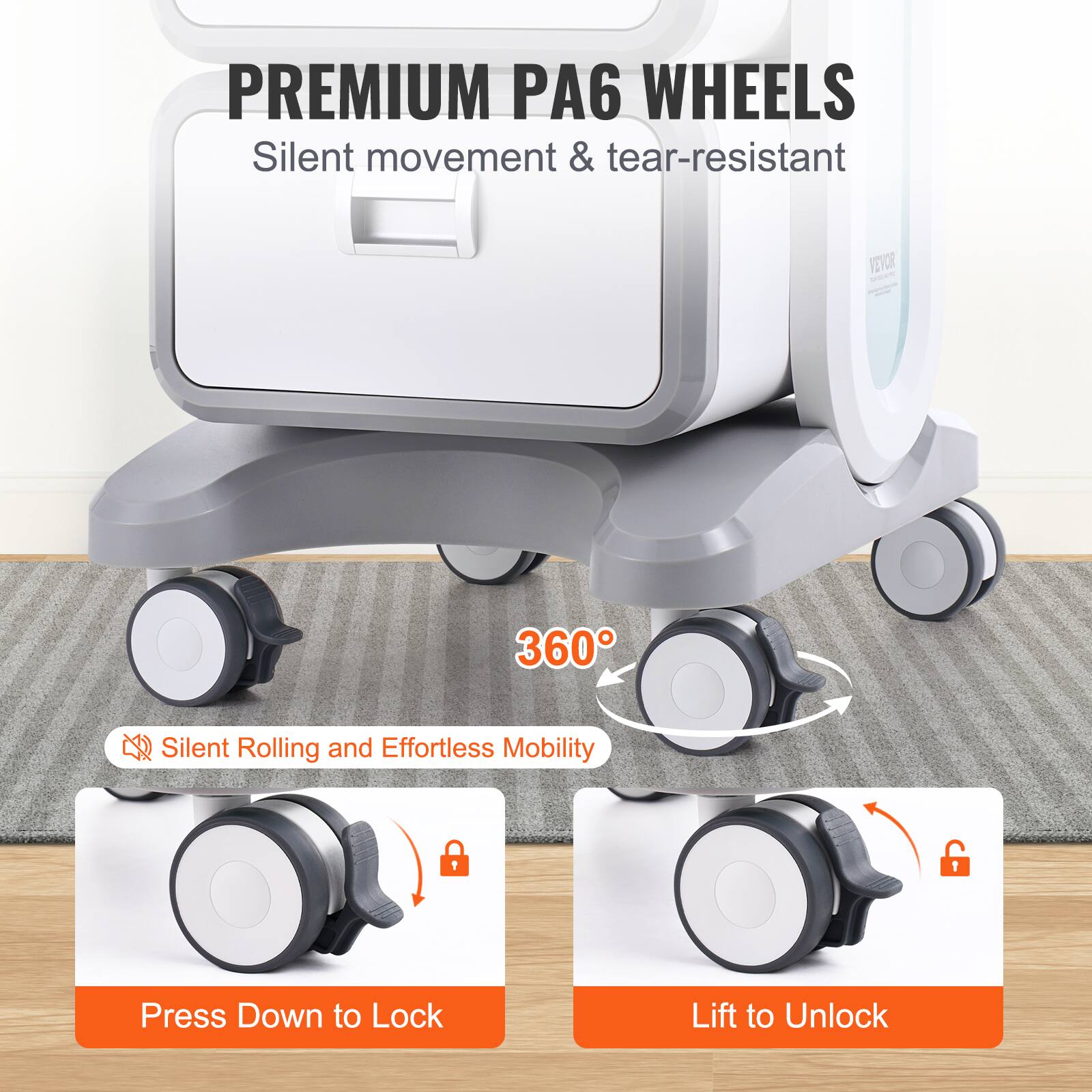 PREMIUM PA6 WHEELS Silent movement & tear-resistant

360° Silent Rolling and Effortless Mobility

Press Down to Lock

Lift to Unlock