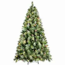 RYHNUYNE - 5FT Pre-Lit Christmas Tree, 200 Warm White LED Lights 694 PVC Hard Needle Tips 51 Pine Cones Hinged Branch Metal Stand - Green