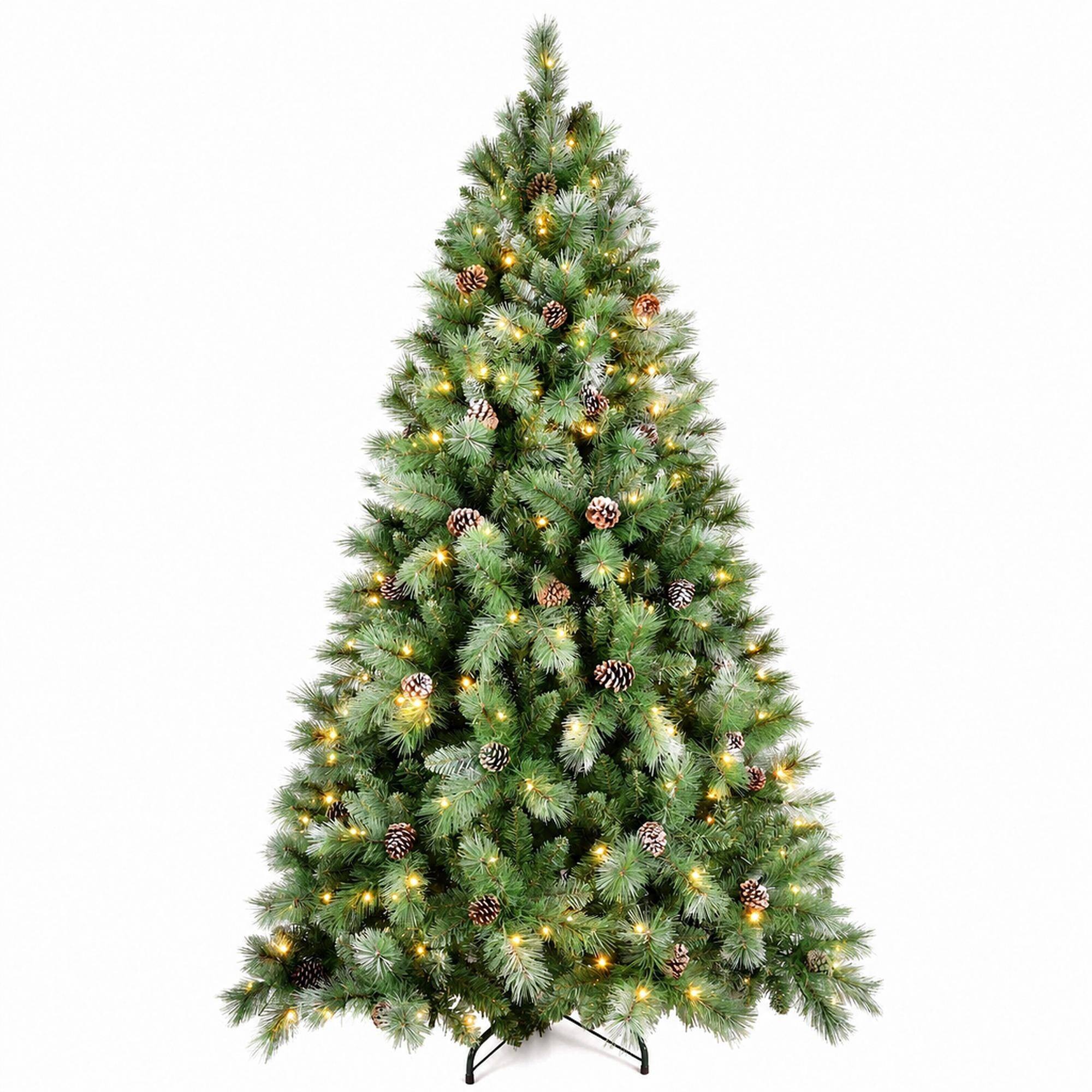 Front. RYHNUYNE - 5FT Pre-Lit Christmas Tree, 200 Warm White LED Lights 694 PVC Hard Needle Tips 51 Pine Cones Hinged Branch Metal Stand - Green.