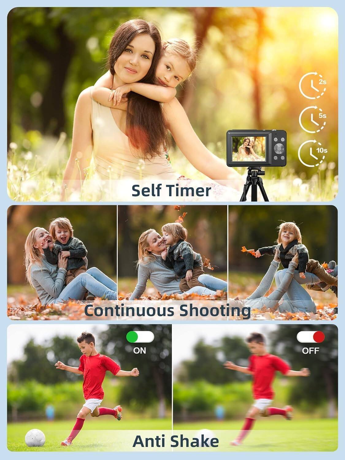 2s 5s 10s Self Timer Continuous Shooting ON OFF Anti Shake