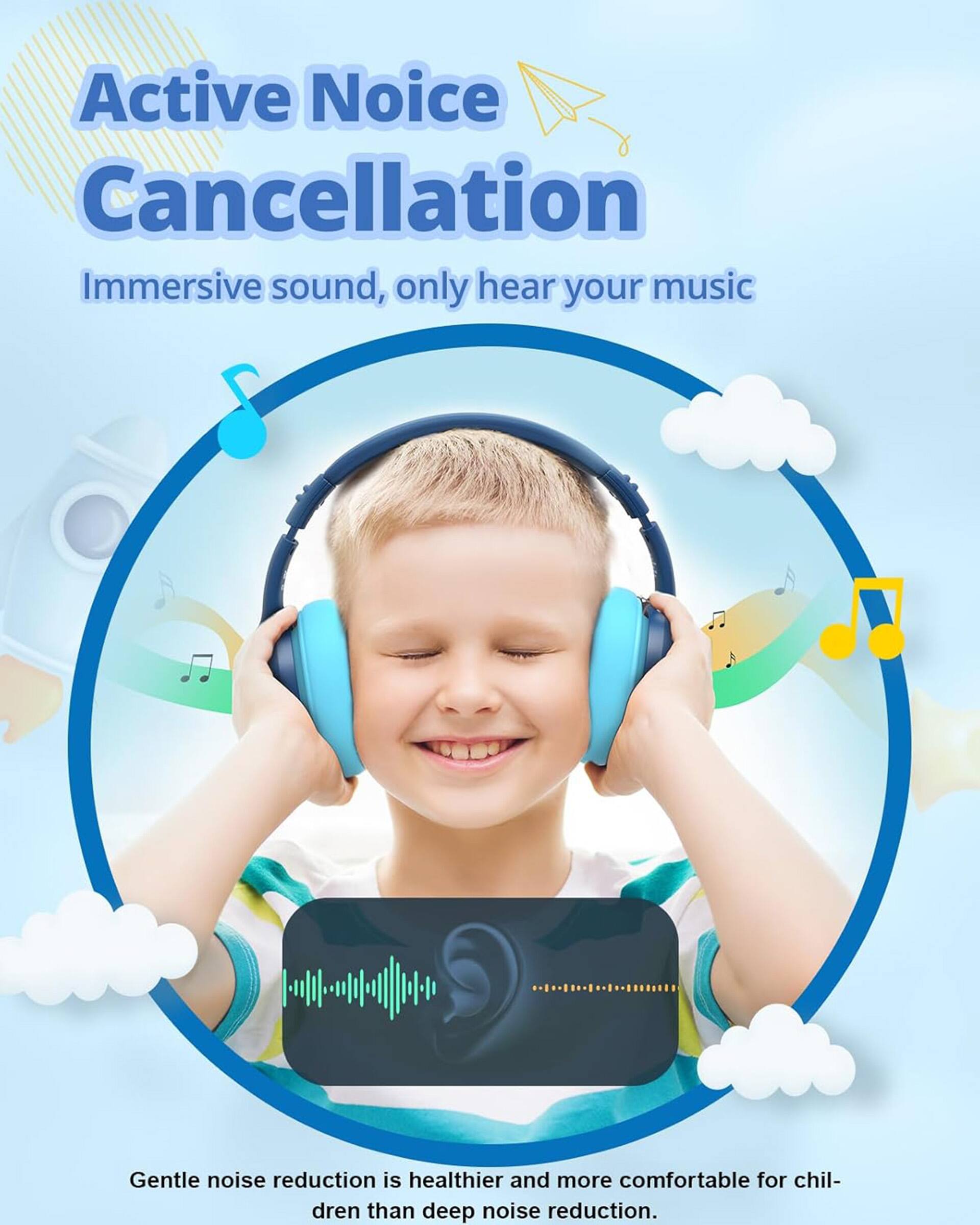 Active Noise Cancellation: Immersive sound, only hear your music. Gentle noise reduction is healthier and more comfortable for children than deep noise reduction.