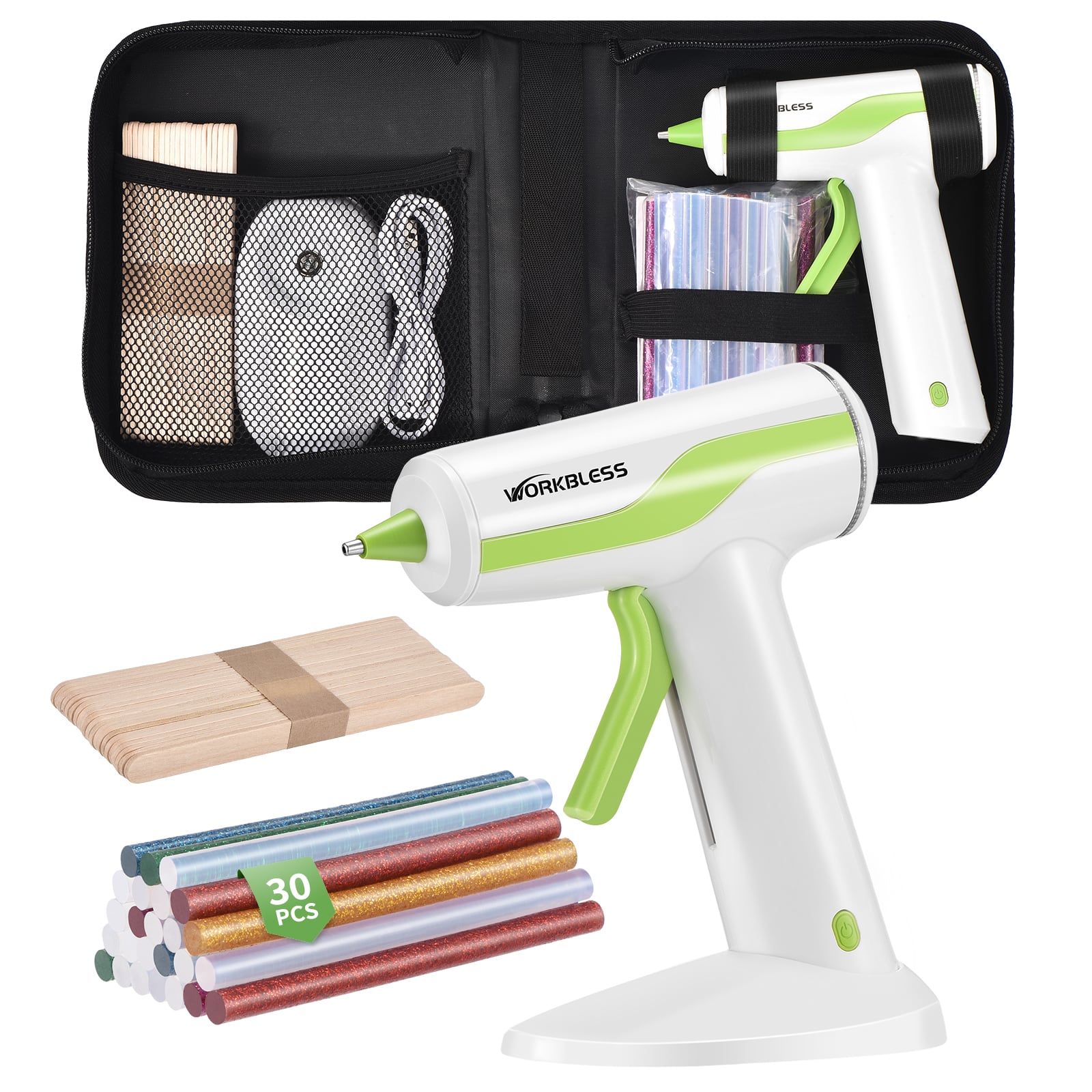 Unique Bargains - Cordless Hot Glue Gun Set with 30pcs 0.28″ Sticks, 2Ah Battery, Smart Power-Off, Includes Case & 10 Wood Craft Sticks - White Green