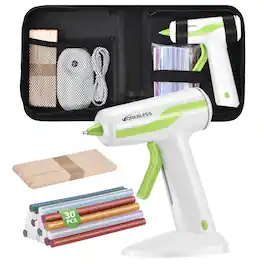 Unique Bargains - Cordless Hot Glue Gun Set with 30pcs 0.28″ Sticks, 2Ah Battery, Smart Power-Off, Includes Case & 10 Wood Craft Sticks - White Green