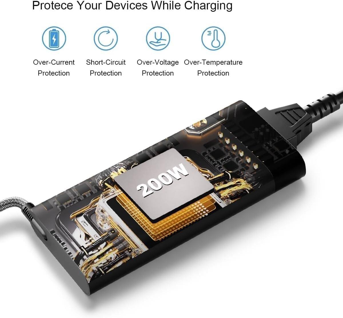 Protect Your Devices While Charging  
Over-Current Protection  
Short-Circuit Protection  
Over-Voltage Protection  
Over-Temperature Protection  
200W