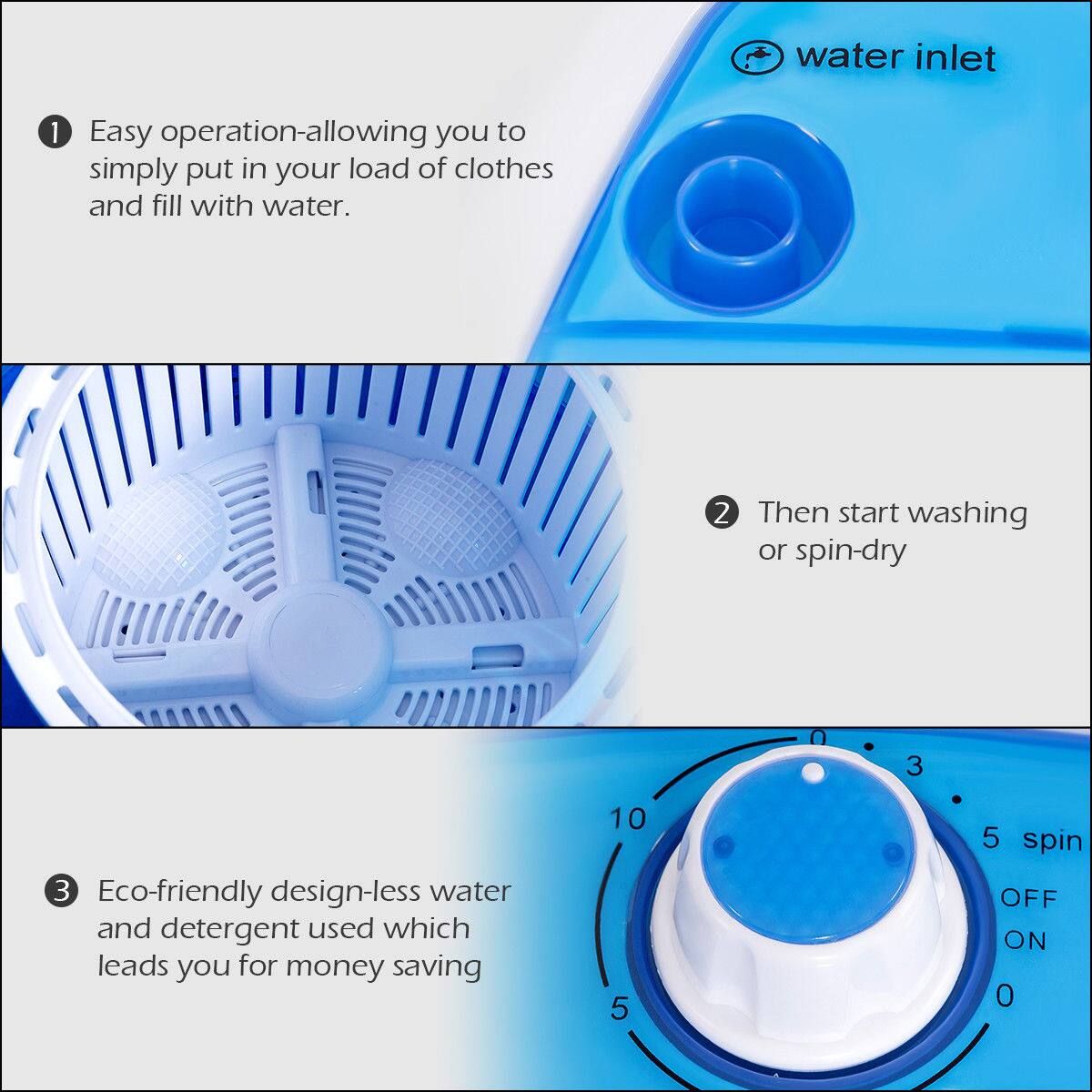 1. Easy operation-allowing you to simply put in your load of clothes and fill with water.

2. Then start washing or spin-dry

3. Eco-friendly design-less water and detergent used which leads you for money saving

water inlet

spin OFF ON 0 5 10 3 5