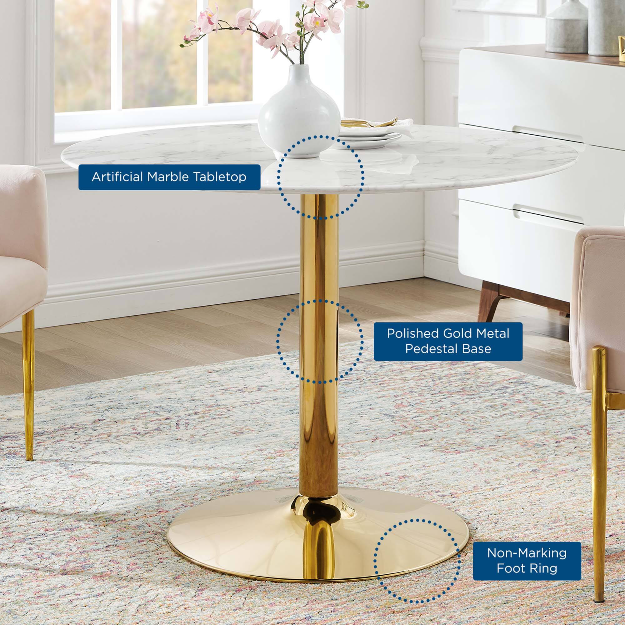 Artificial Marble Tabletop  
Polished Gold Metal Pedestal Base  
Non-Marking Foot Ring