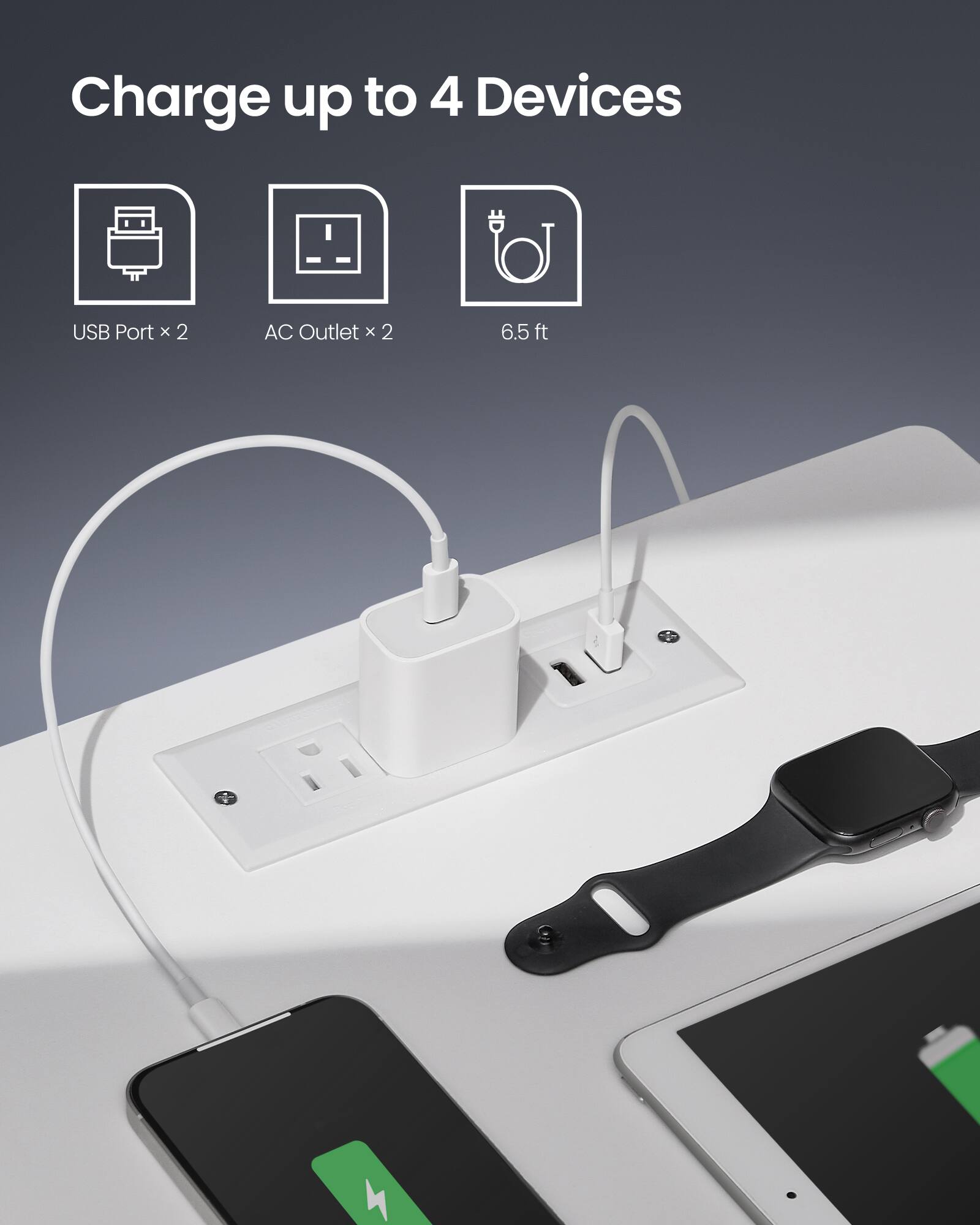Charge up to 4 Devices

USB Port x 2  
AC Outlet x 2  
6.5 ft