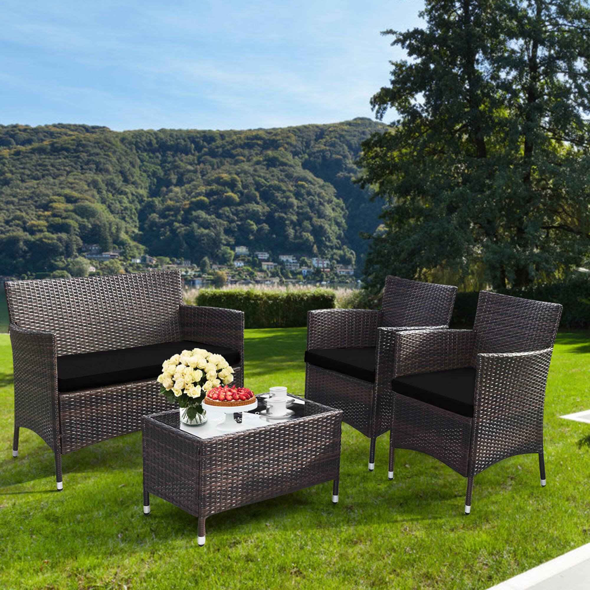 Alt View 3. Gymax - Gymax 4PCS Patio Rattan Conversation Furniture Set Outdoor w/ Black Cushion - Black.