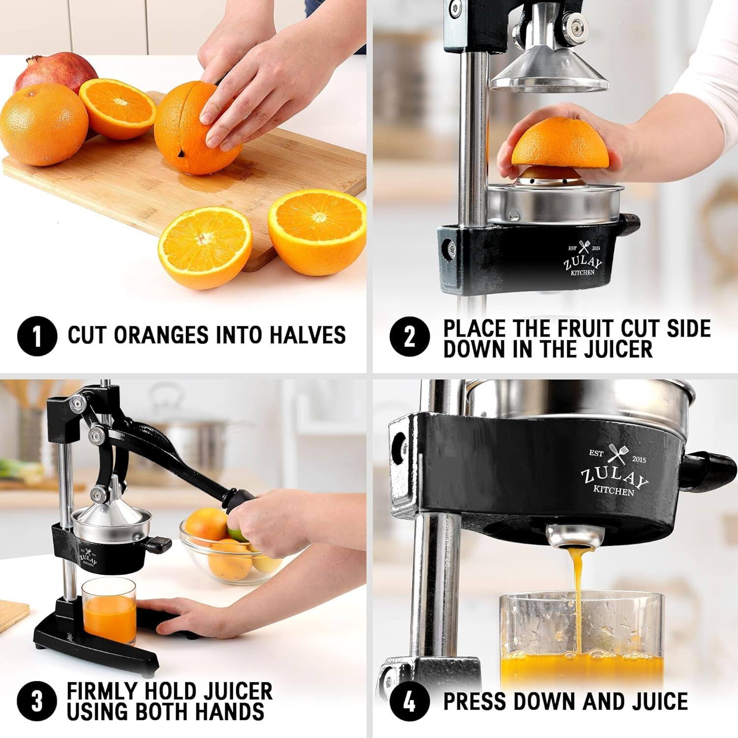 1. Cut oranges into halves.
2. Place the fruit cut side down in the juicer.
3. Firmly hold juicer using both hands.
4. Press down and juice.