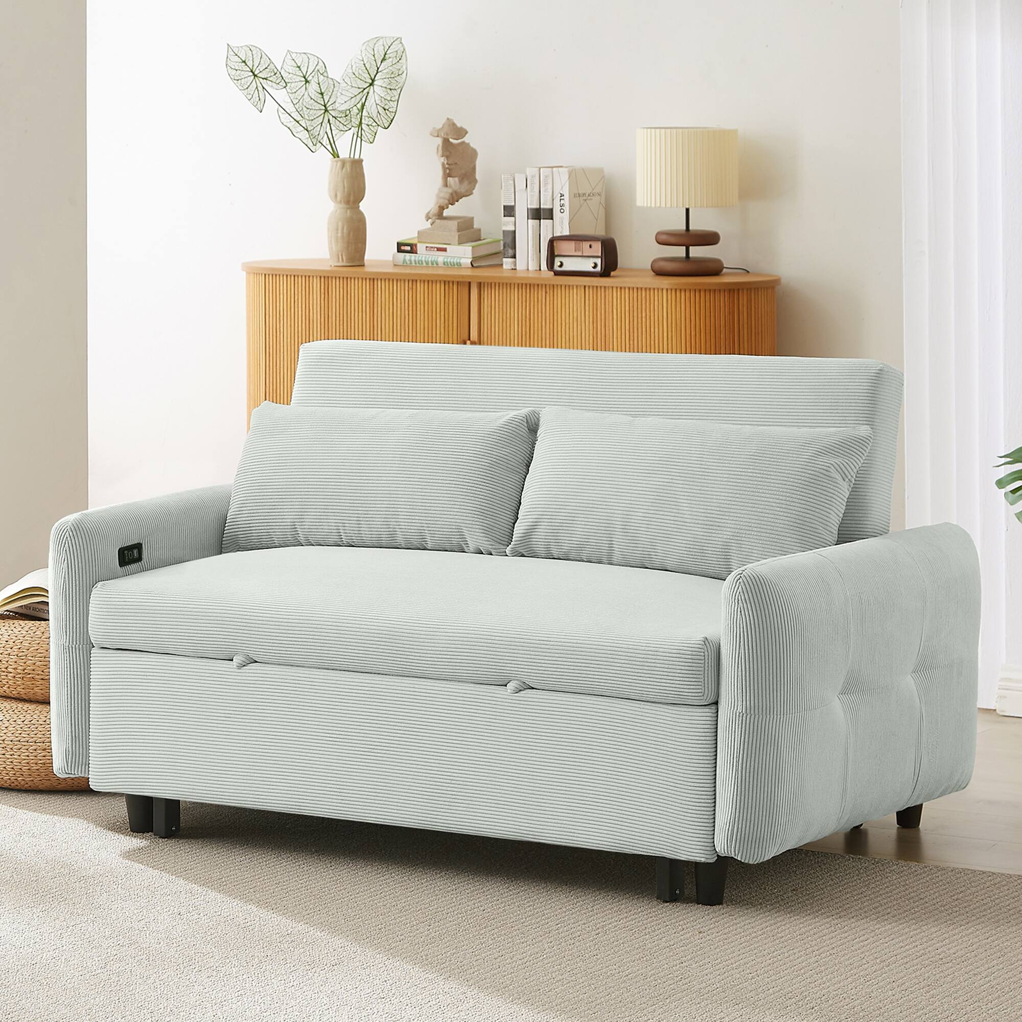 Alt View 6. Tiramisubest - 57.48" Modern Convertible Pull-out Sofa Bed with USB Ports and Two Throw Pillows for Living Room,Pale Green - Pale Green.