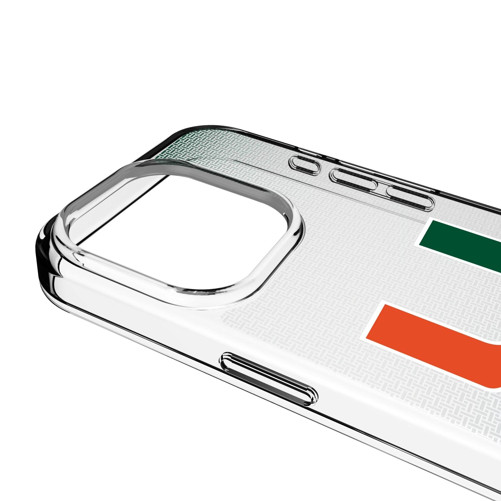 Alt View 2. Keyscaper - Miami Hurricanes Linen Logo iPhone Clear Case - 14 Plus - Multicolor.