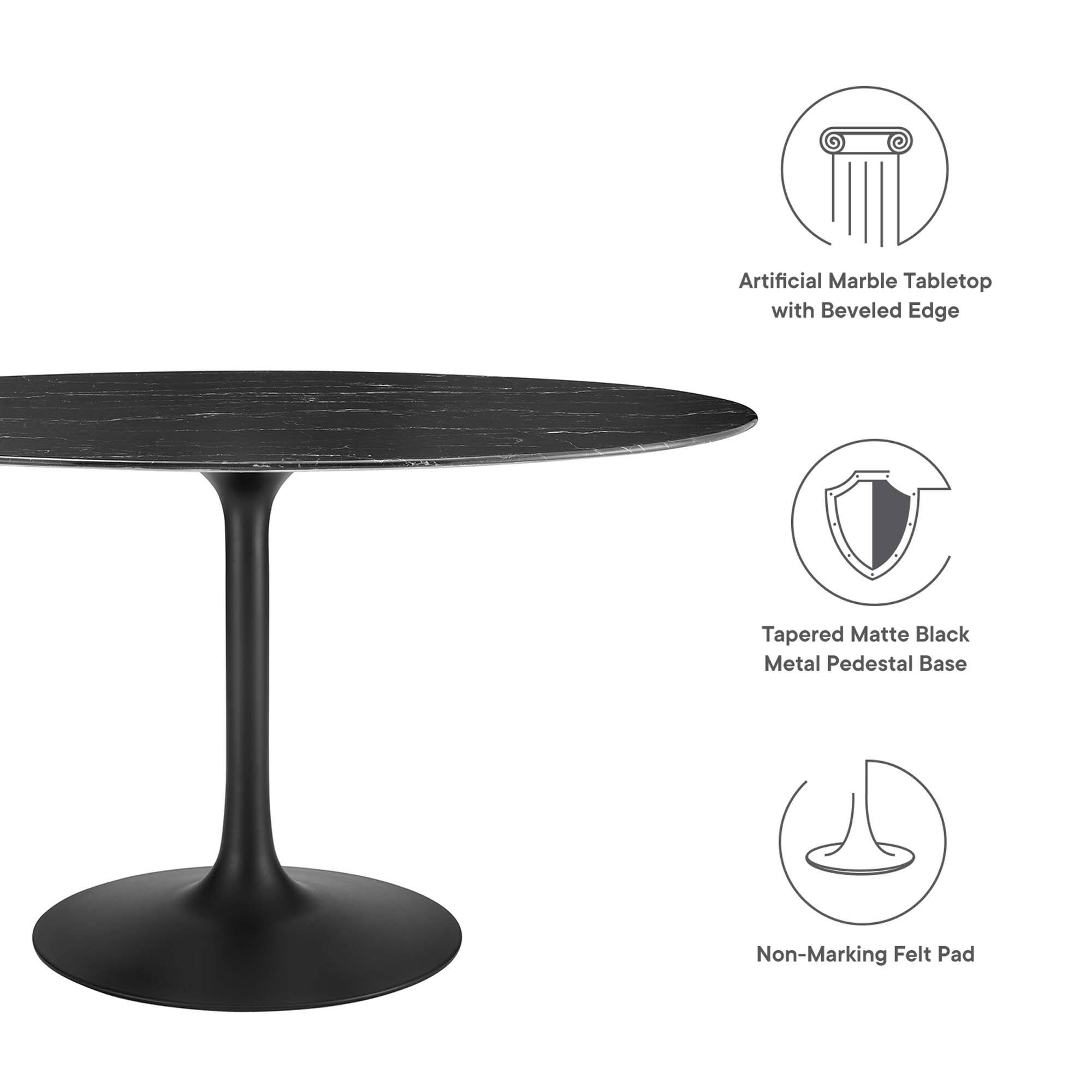 Artificial Marble Tabletop with Beveled Edge  
Tapered Matte Black Metal Pedestal Base  
Non-Marking Felt Pad