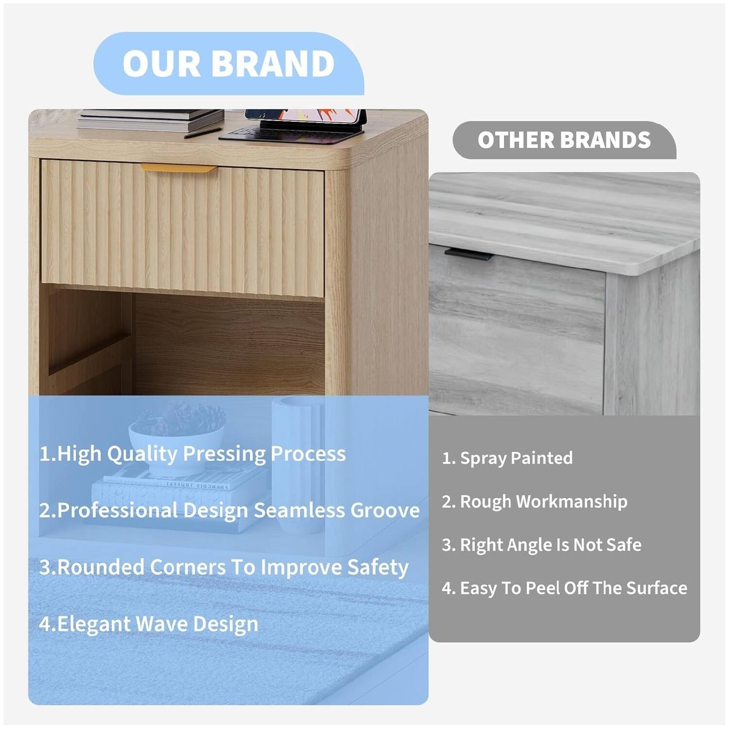 **OUR BRAND**

1. High Quality Pressing Process
2. Professional Design Seamless Groove
3. Rounded Corners To Improve Safety
4. Elegant Wave Design

**OTHER BRANDS**

1. Spray Painted
2. Rough Workmanship
3. Right Angle Is Not Safe
4. Easy To Peel Off The Surface