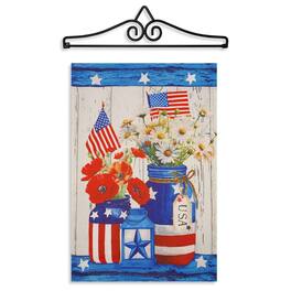 G128 - 14 in Garden Flag Hanger with 12 x 18 in Double-Sided Mason Jar Patriotic Flowers Flag - Red, White, Blue