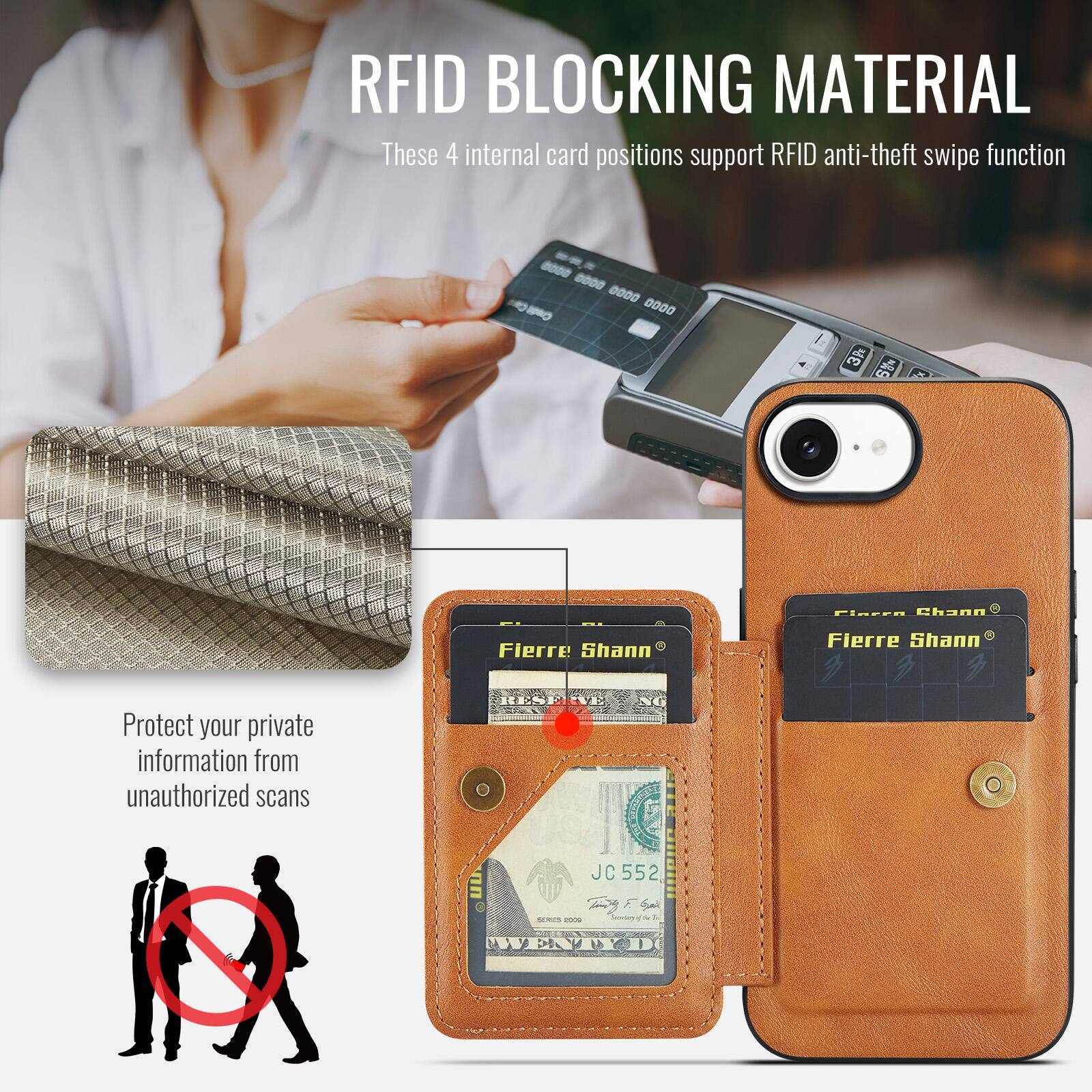RFID BLOCKING MATERIAL

These 4 internal card positions support RFID anti-theft swipe function

Protect your private information from unauthorized scans

JC 552

CONCO