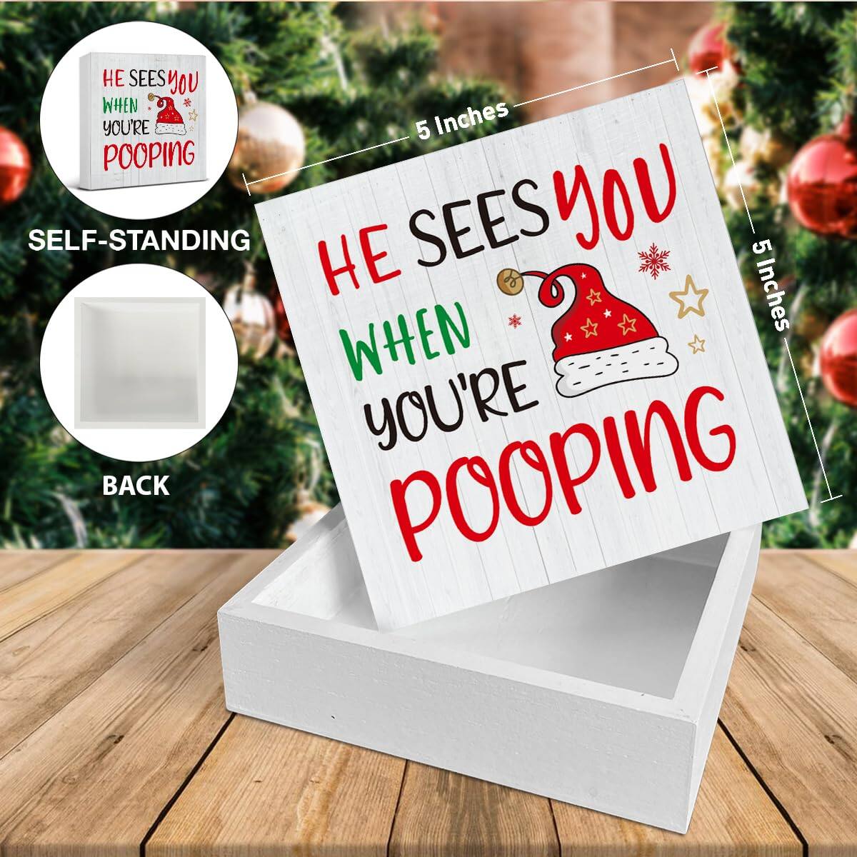 Sure, here is the corrected and grouped text from the image:

---

**HE SEES YOU WHEN YOU'RE POOPING**

- **SELF-STANDING**
- **5 Inches**
- **5 Inches**
- **BACK**

---

The text is arranged as follows:

- The main message on the sign: "HE SEES YOU WHEN YOU'RE POOPING"
- Additional details: "SELF-STANDING", "5 Inches", "5 Inches", "BACK"
- A small inset with the same message: "HE SEES YOU WHEN YOU'RE POOPING"