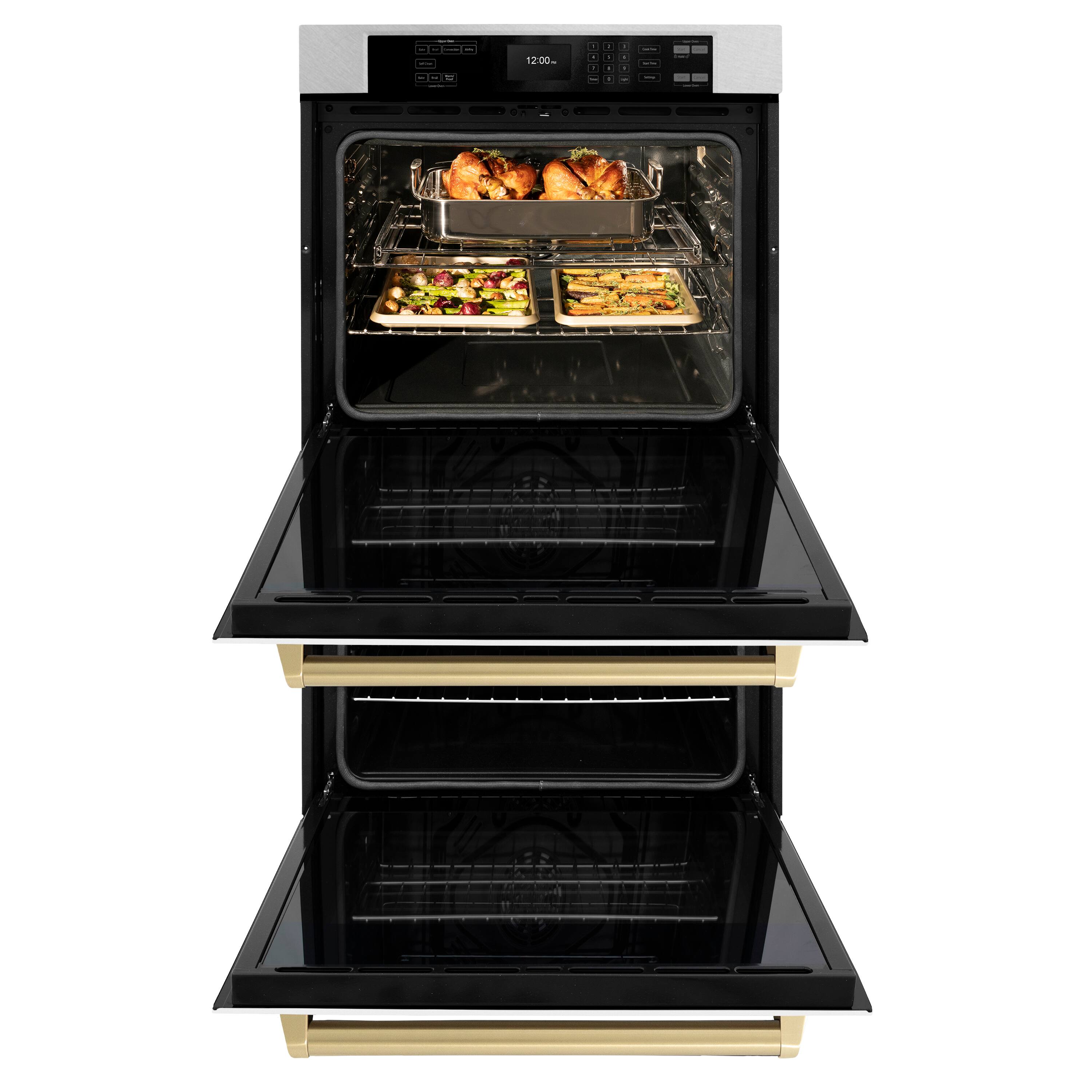 Angle. ZLINE - ZLINE 30 in. Autograph Double Wall Oven w/ Air Fry in Satin Steel w/ White and Bronze - Satin Stainless Steel.