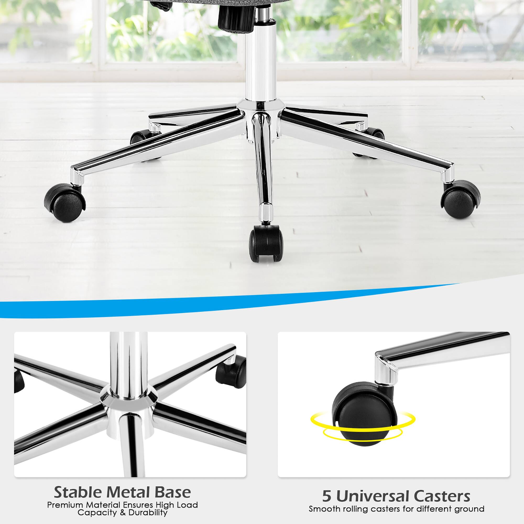 Stable Metal Base: Premium Material Ensures High Load Capacity & Durability

5 Universal Casters: Smooth rolling casters for different ground
