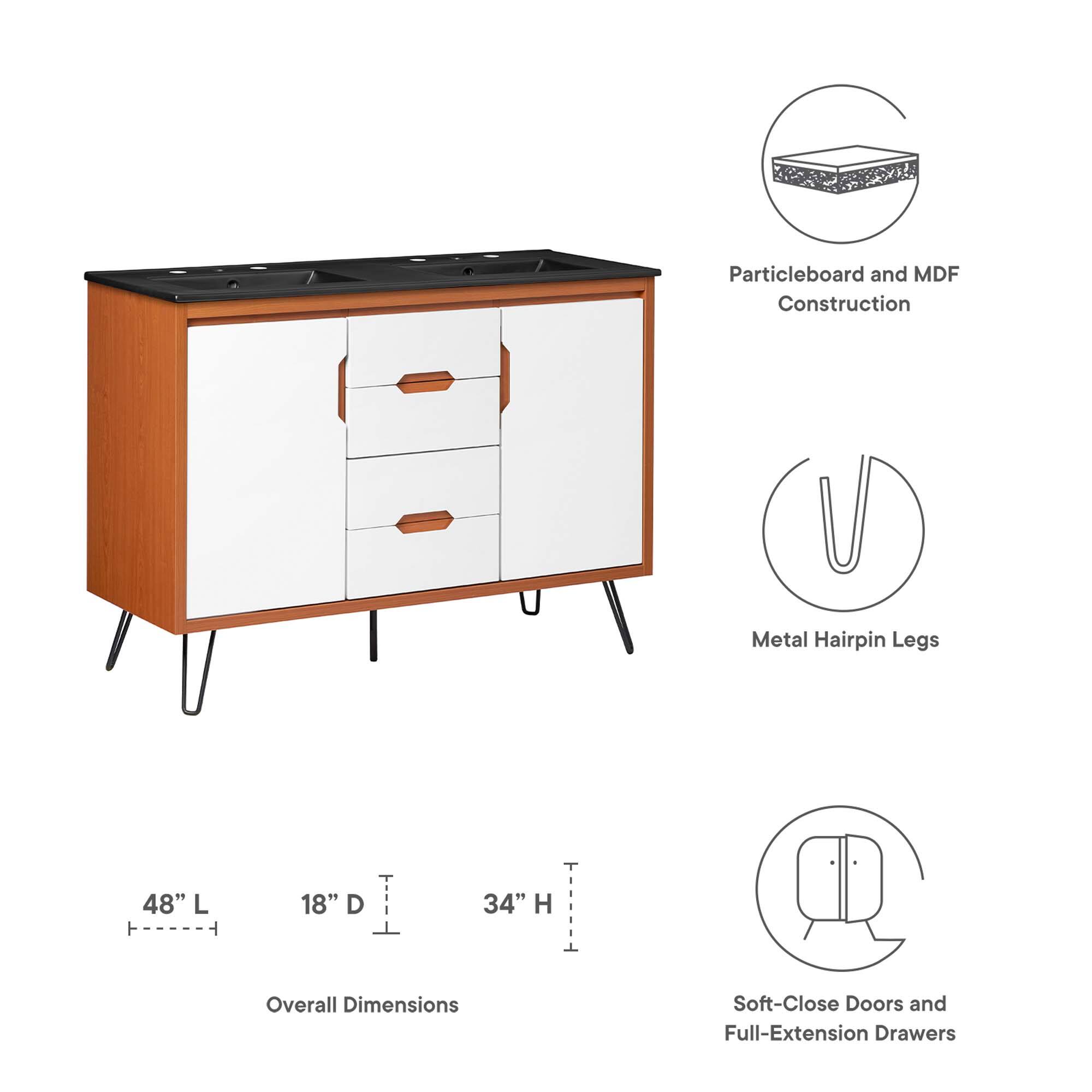 Particleboard and MDF Construction  
Metal Hairpin Legs  
48" L x 18" D x 34" H Overall Dimensions  
Soft-Close Doors and Full-Extension Drawers