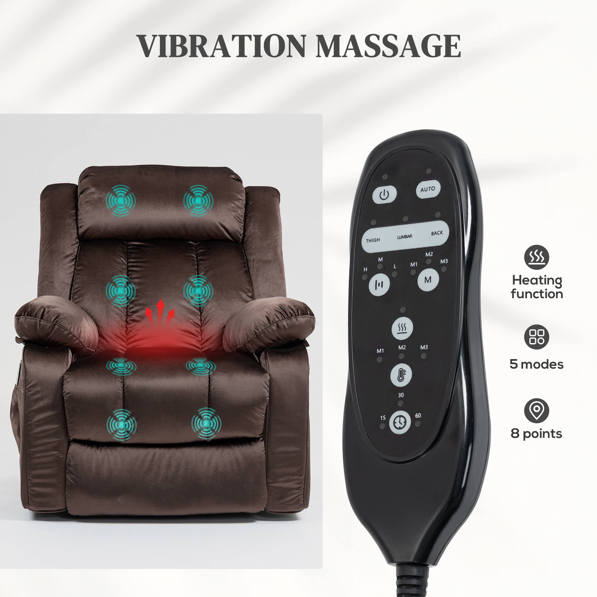 VIBRATION MASSAGE AUTO THIGH LUMBAR BACK H M1 M2 M3 Heating function 5 modes 30 15 60 8 points
