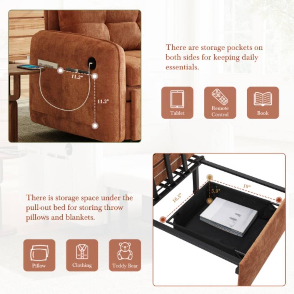 11.2" There are storage pockets on both sides for keeping daily essentials. 11.2" Tablet Remote Control Book

There is storage space under the pull-out bed for storing throw pillows and blankets. 16.5" 5.9" 19" Pillow Clothing Teddy Bear