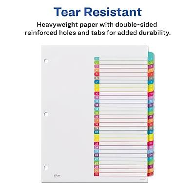 Tear Resistant  
Heavyweight paper with double-sided reinforced holes and tabs for added durability.  

1 2 3 A & 7 10 11 12 15 S4 19 56 17 1 19 20 21 24 26 27 20 29 10 31