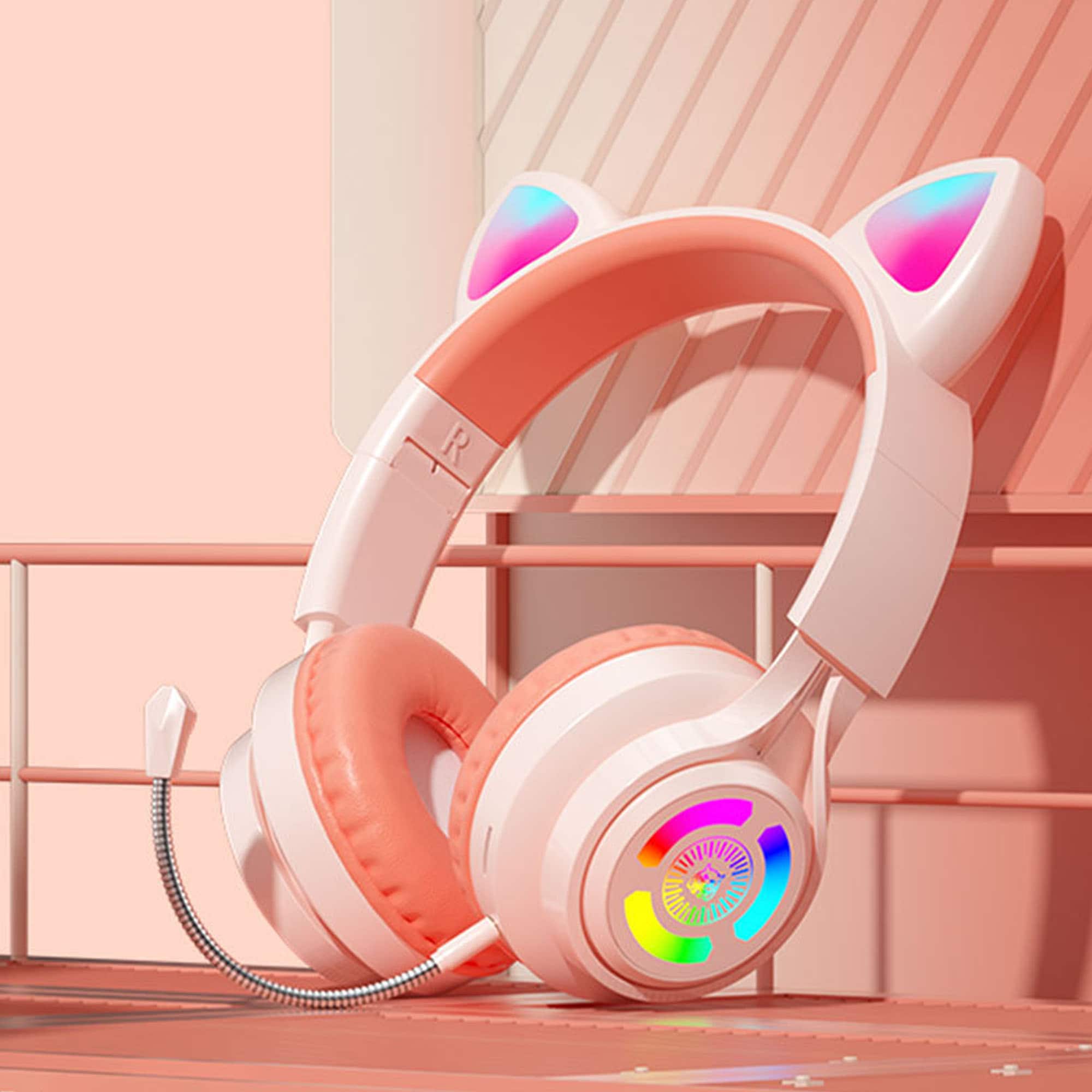 YONWAY - RGB Lighting Headphone, Cat Ear Gaming Headset, Foldable Over-Ear Wireless Bluetooth Headphones with Microphone