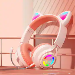 YONWAY - RGB Lighting Headphone, Cat Ear Gaming Headset, Foldable Over-Ear Wireless Bluetooth Headphones with Microphone