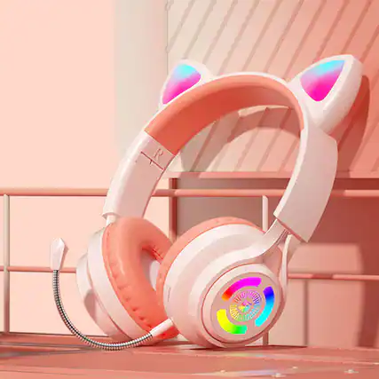 Front. YONWAY - RGB Lighting Headphone, Cat Ear Gaming Headset, Foldable Over-Ear Wireless Bluetooth Headphones with Microphone.