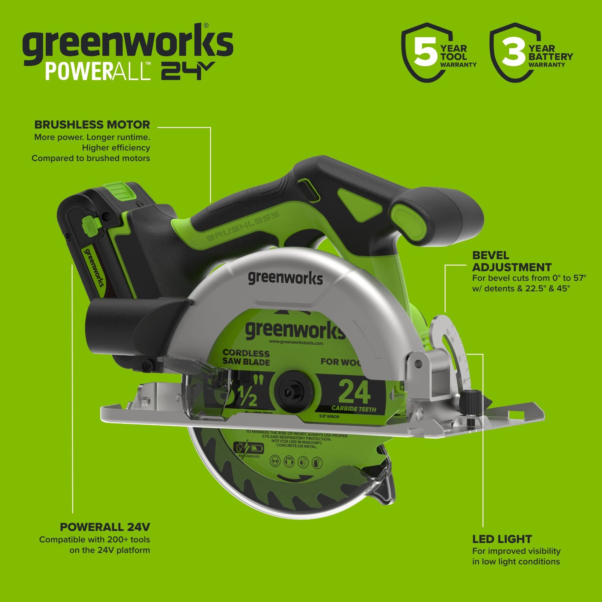 greenworks POWERALL 24V

5 YEAR TOOL WARRANTY
3 YEAR BATTERY WARRANTY

BRUSHLESS MOTOR
More power. Longer runtime. Higher efficiency Compared to brushed motors

greenworks

BRUSHLESS

greenworks

www.greenworkstools.com

CORDLESS SAW BLADE FOR WOOD 1/2" 24 CARBIDE TEETH

5.0 ARDOR

BEVEL ADJUSTMENT
For bevel cuts from 0° to 57° w/ detents & 22.5° & 45°

TO MINIMIZE THE RISK OF INJURY, ALWAYS USE EYE AND RESPIRATORY PROTECTION. NOT FOR USE ON MASONRY, CONCRETE, OR METAL

POWERALL 24V
Compatible with 200+ tools on the 24V platform

LED LIGHT
For improved visibility in low light conditions