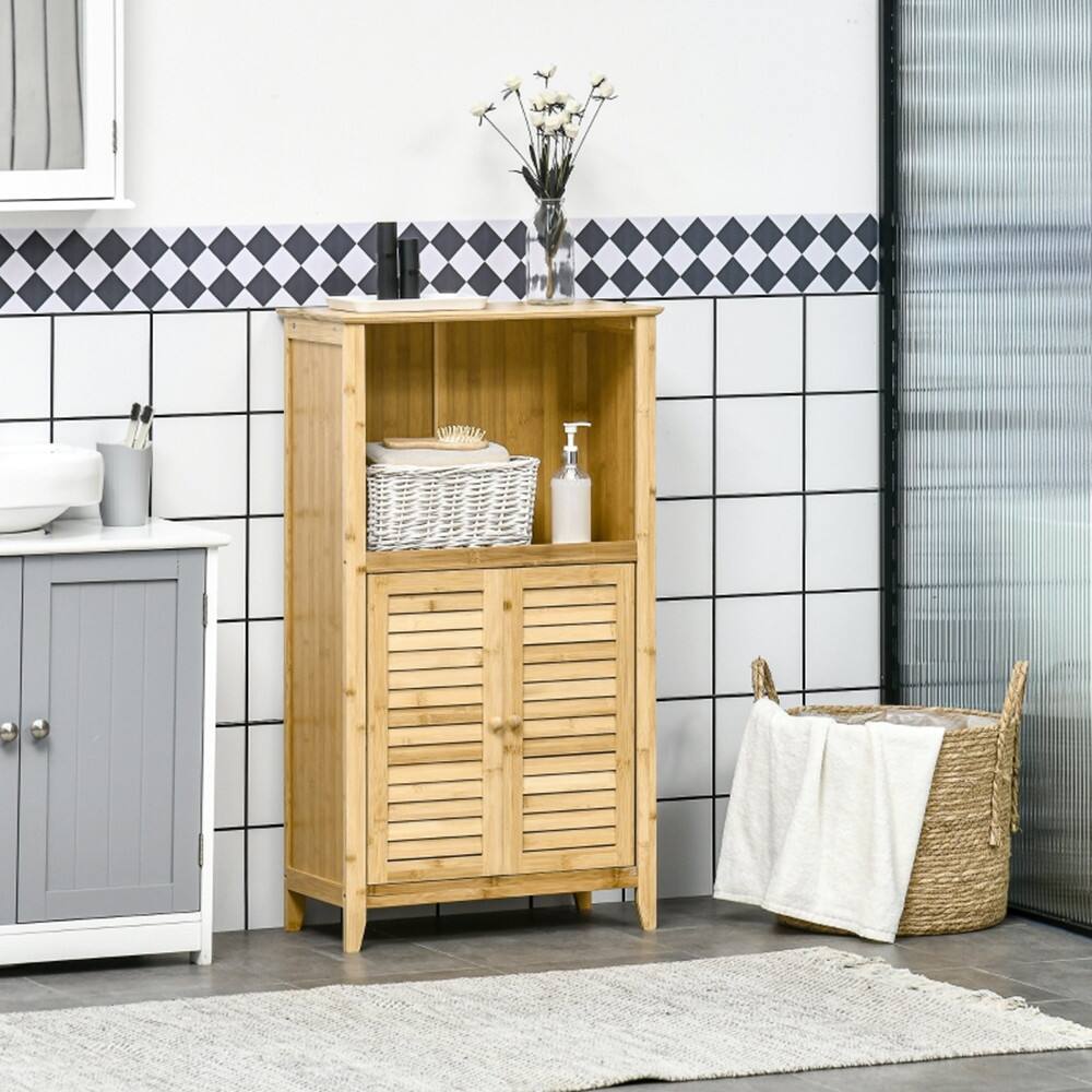 Left. SlickBlue - Freestanding Bathroom Floor Cabinet with Storage Shelves and Doors - Natural.