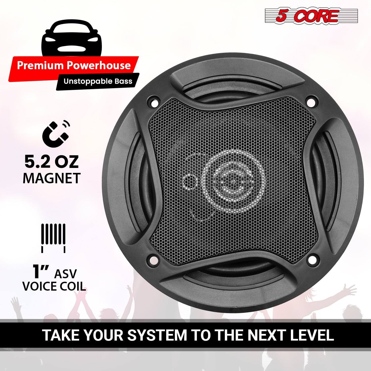 5 CORE, Premium Powerhouse, Unstoppable Bass, 5.2 OZ MAGNET, 1" ASV VOICE COIL, TAKE YOUR SYSTEM TO THE NEXT LEVEL