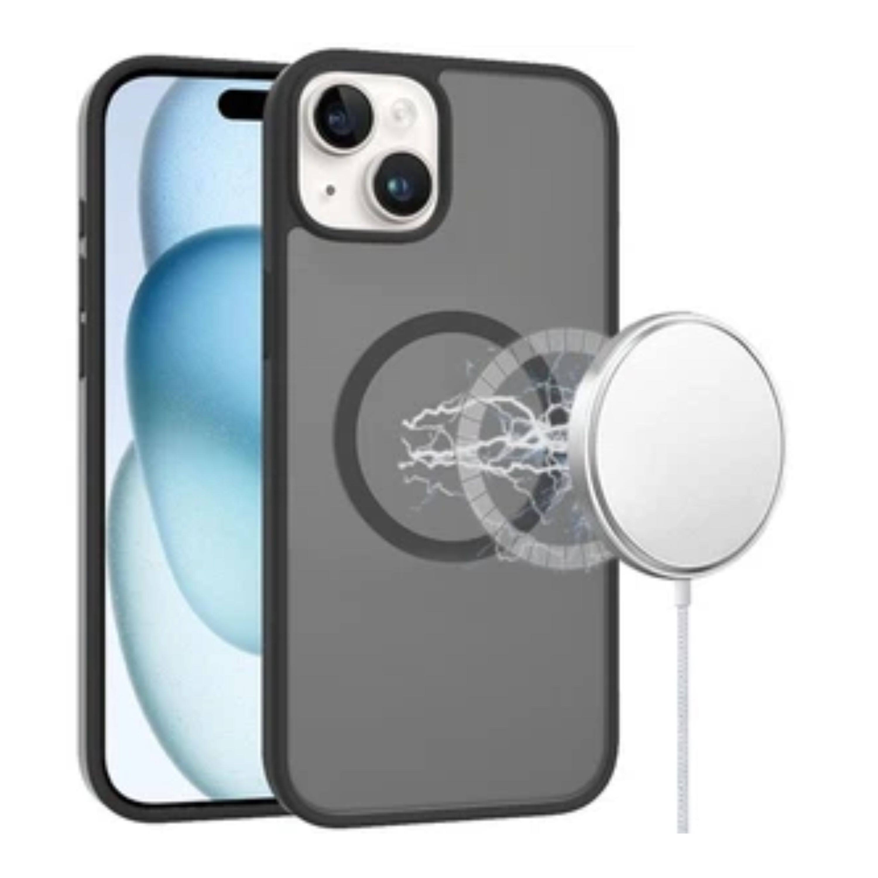 Angle. Kitcheniva - Magnetic Circle Soft Touch Frosted Phone Case With 2 Pcs Tempered Glass For iPhone 15 Plus Black - Black.
