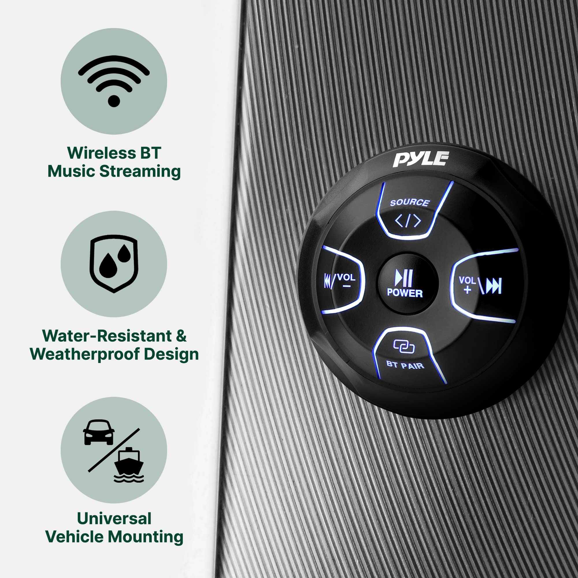 - Wireless BT Music Streaming
- Water-Resistant & Weatherproof Design
- Universal Vehicle Mounting