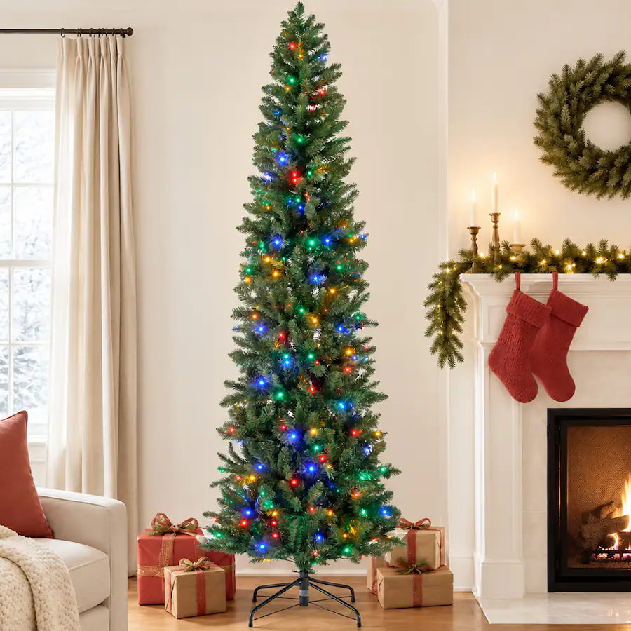Tree Vs Tree Comp Sweetcrispy Pre lit Slim Hinged Christmas Tree with Multicolor LED ...